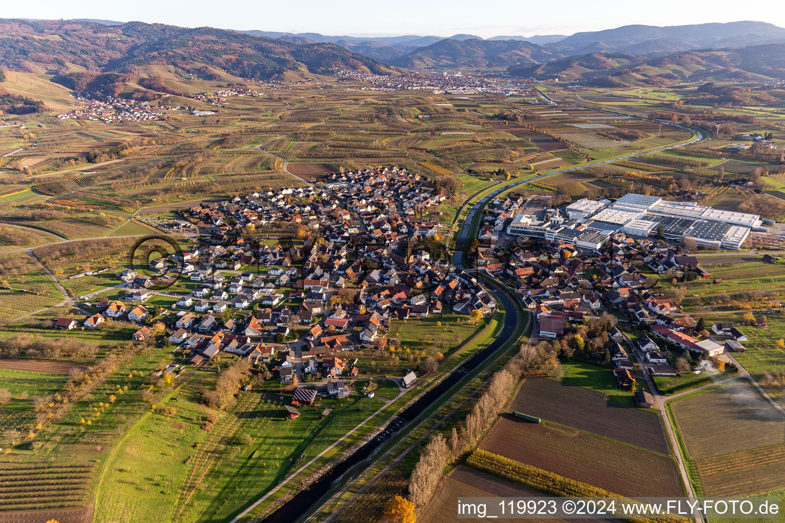 Aerial view of Town on the banks of the river of the river Rench in Stadelhofen in the state Baden-Wurttemberg, Germany