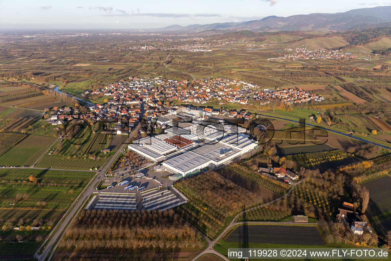 Aerial view of Company grounds and facilities of Progress-Werk Oberkirch AG in Stadelhofen in the state Baden-Wurttemberg, Germany