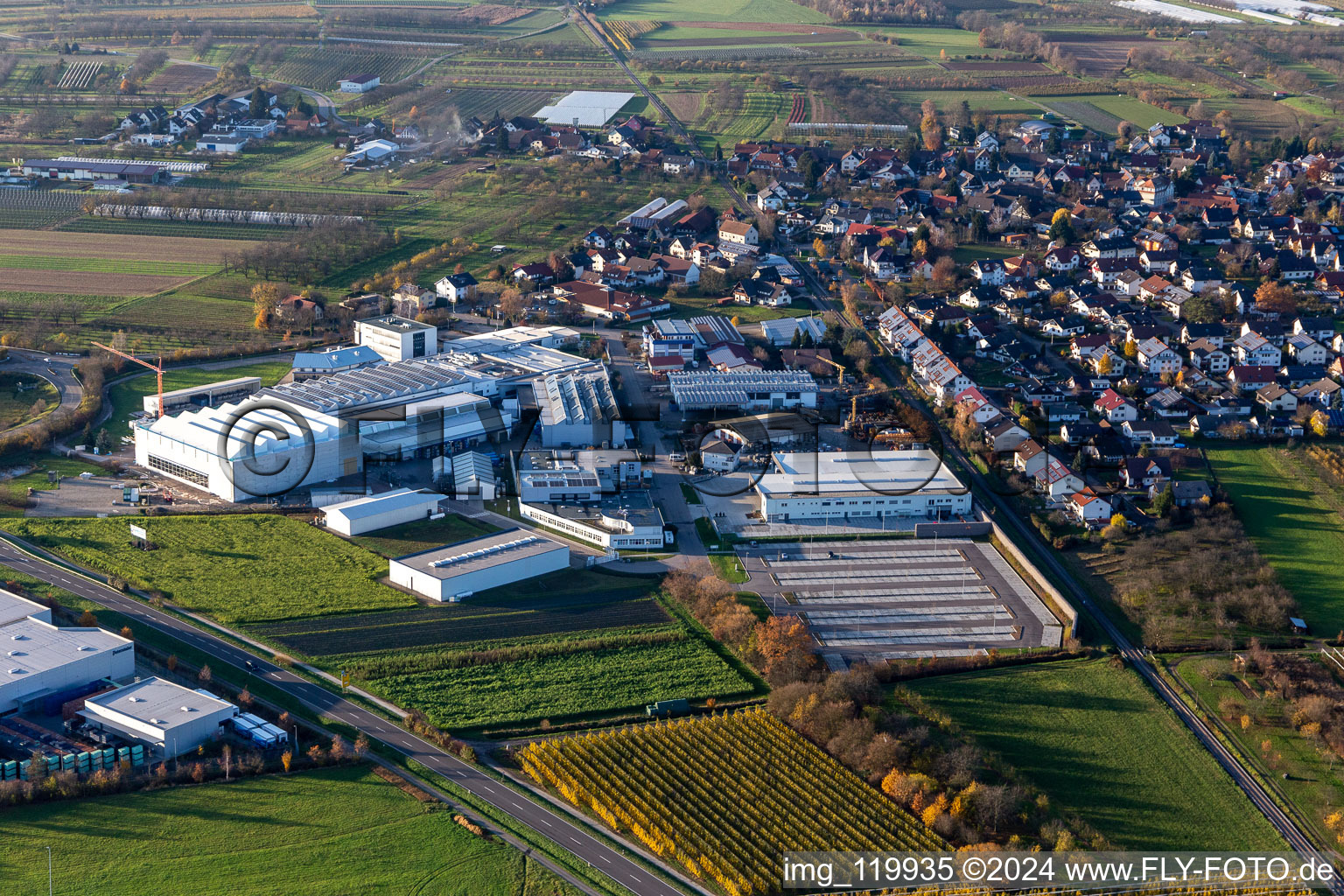 Company grounds and facilities of Siebdruck Service Welle GmbH and Ernst Umformtechnik GmbH on B28 between Zusenhofen and Nussbach in the state Baden-Wurttemberg, Germany