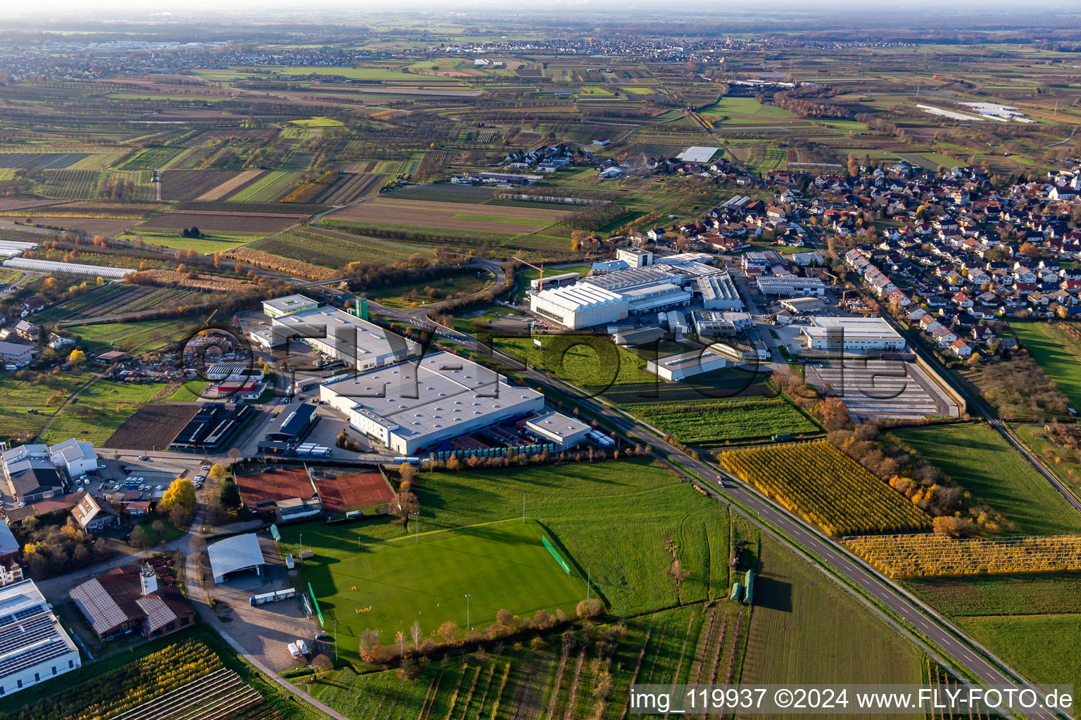 Company grounds and facilities of HELIA Ladenbau GmbH, Siebdruck Service Welle GmbH and Ernst Umformtechnik GmbH on B28 between Zusenhofen and Nussbach in the state Baden-Wurttemberg, Germany