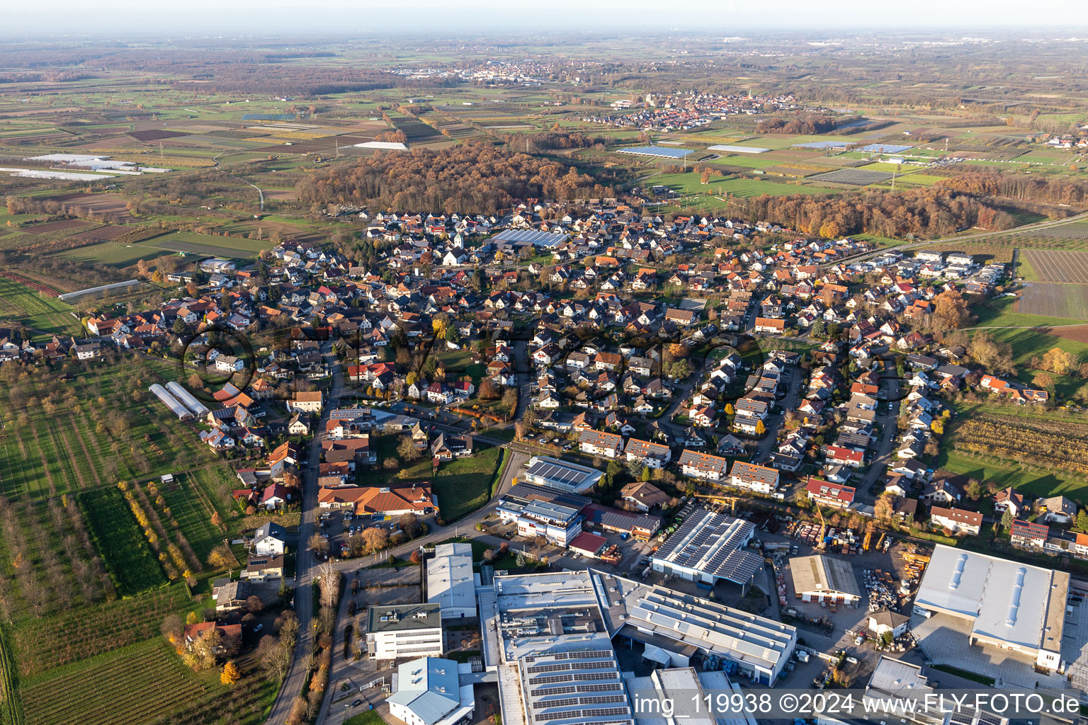 Village - view on the edge of agricultural fields and farmland in Zusenhofen in the state Baden-Wurttemberg, Germany