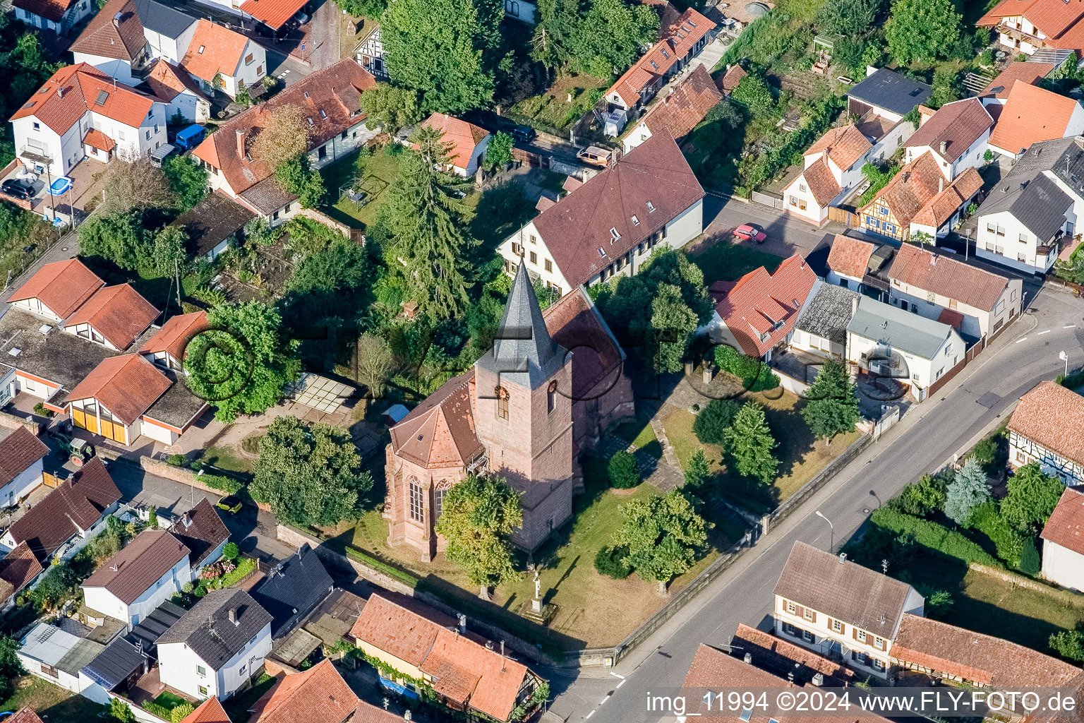 Aerial view of Church building in the village of in Rohrbach in the state Rhineland-Palatinate, Germany