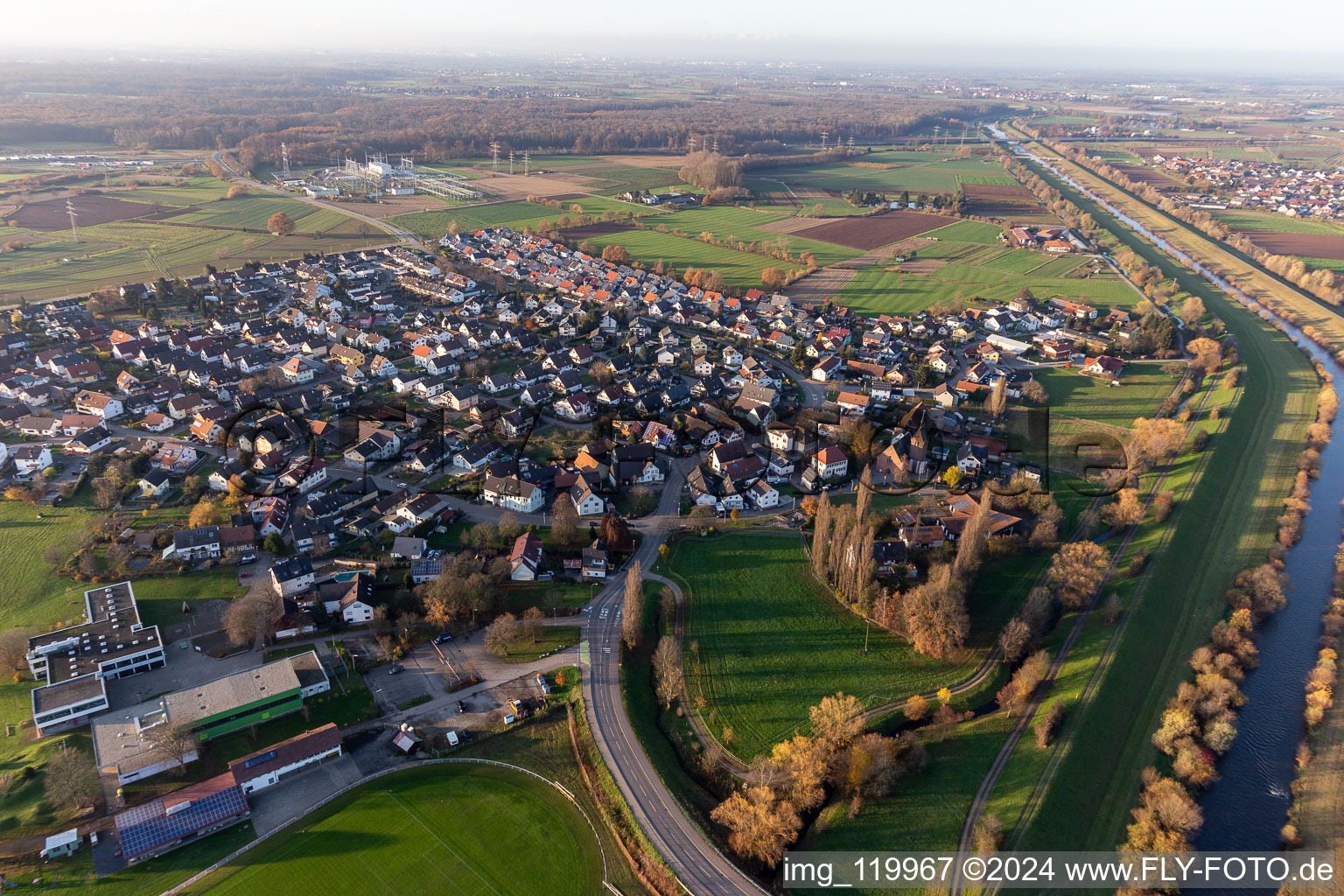 Village on the river bank areas of the Kinzig river in Weier in the state Baden-Wurttemberg, Germany