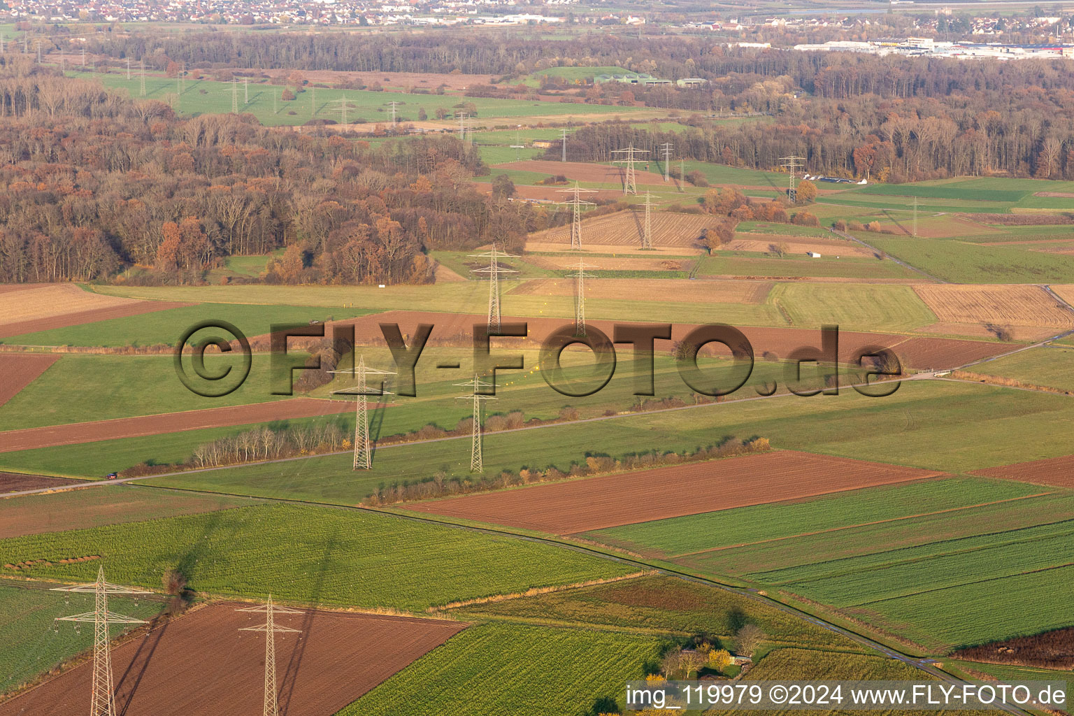 Aerial view of Reflectors on high-voltage lines in Offenburg in the state Baden-Wuerttemberg, Germany