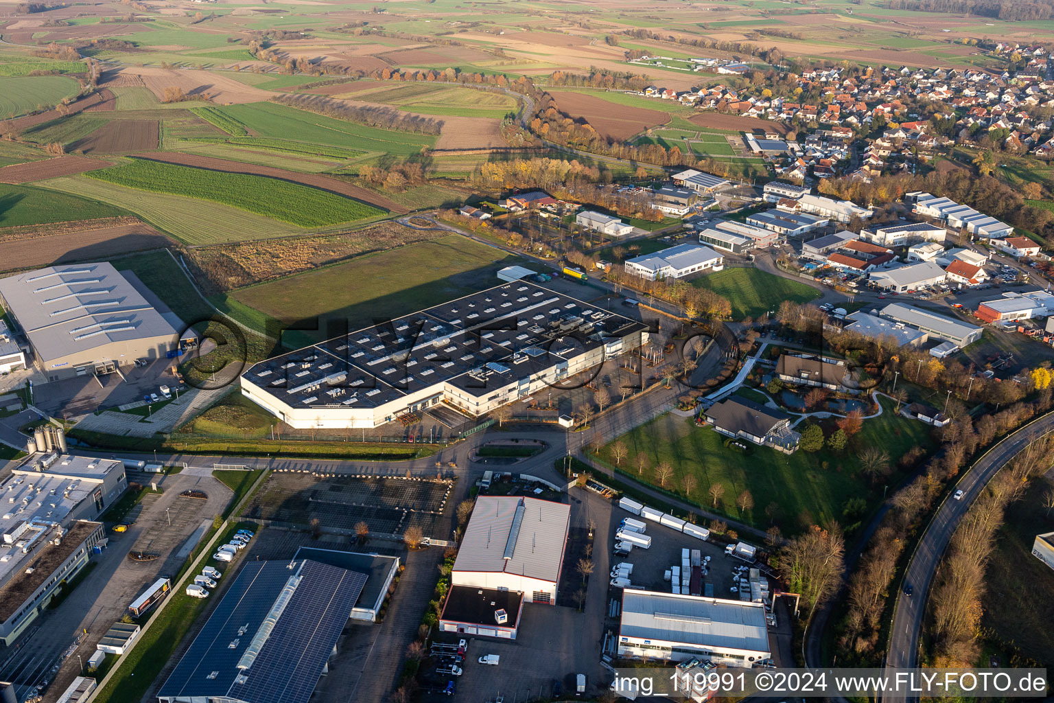 Industrial estate and company settlement with hall of TBV Kuehlfahrzeuge GmbH and ORSAY GmbH in the district Sand in Willstaett in the state Baden-Wurttemberg, Germany