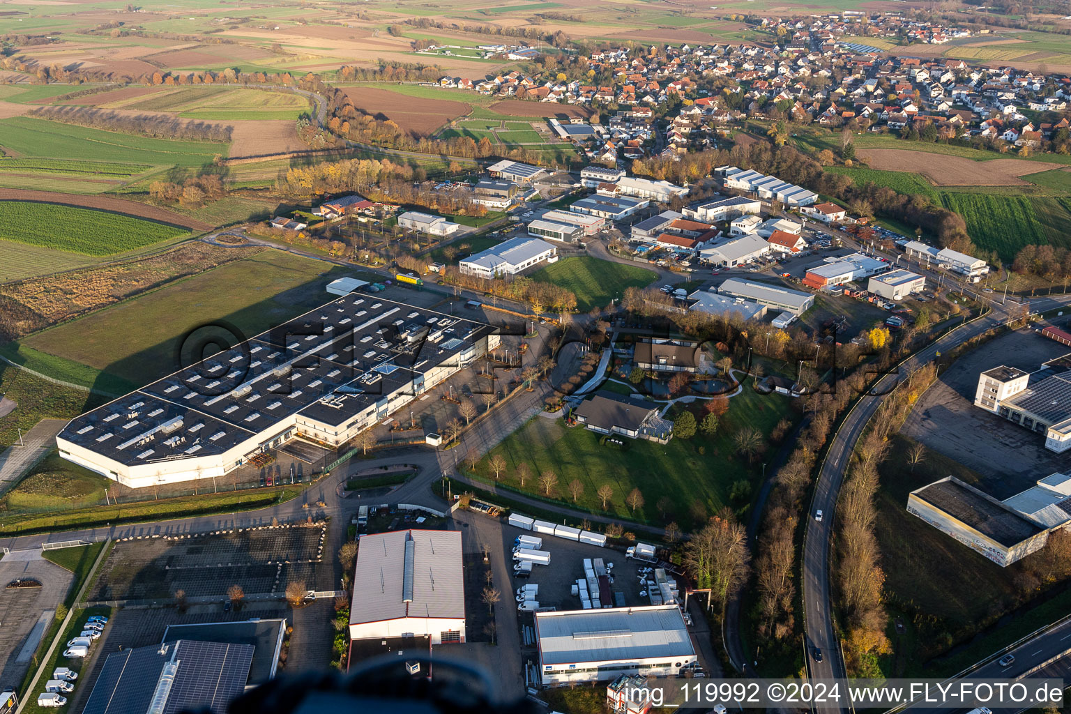 Aerial view of Industrial area Sand, Orsay in the district Sand in Willstätt in the state Baden-Wuerttemberg, Germany