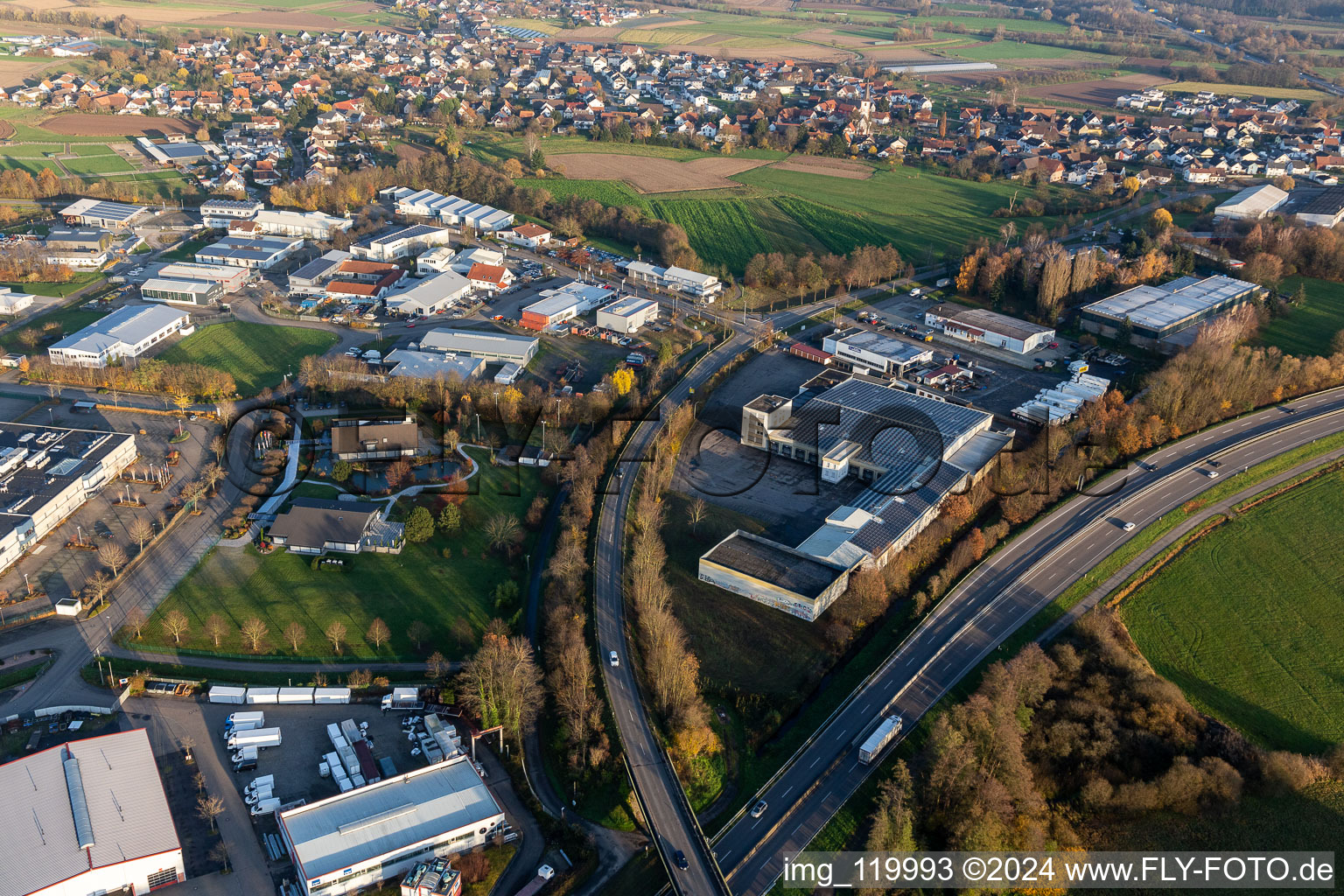 Industrial and commercial area Im Lossenfeld with Lackmann Fleisch- and Feinkostfabrik GmbH und hilzinger GmbH - Fenster + Tueren in Willstaett in the state Baden-Wurttemberg, Germany