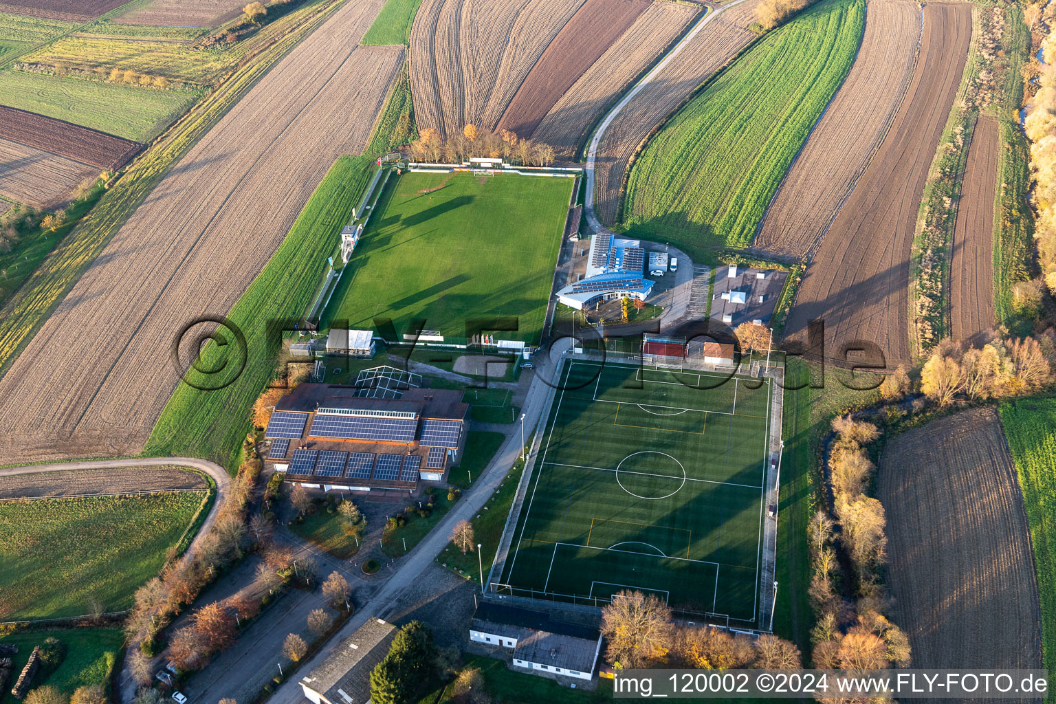 Aerial view of Sports club Sand, Sander Hall in the district Sand in Willstätt in the state Baden-Wuerttemberg, Germany