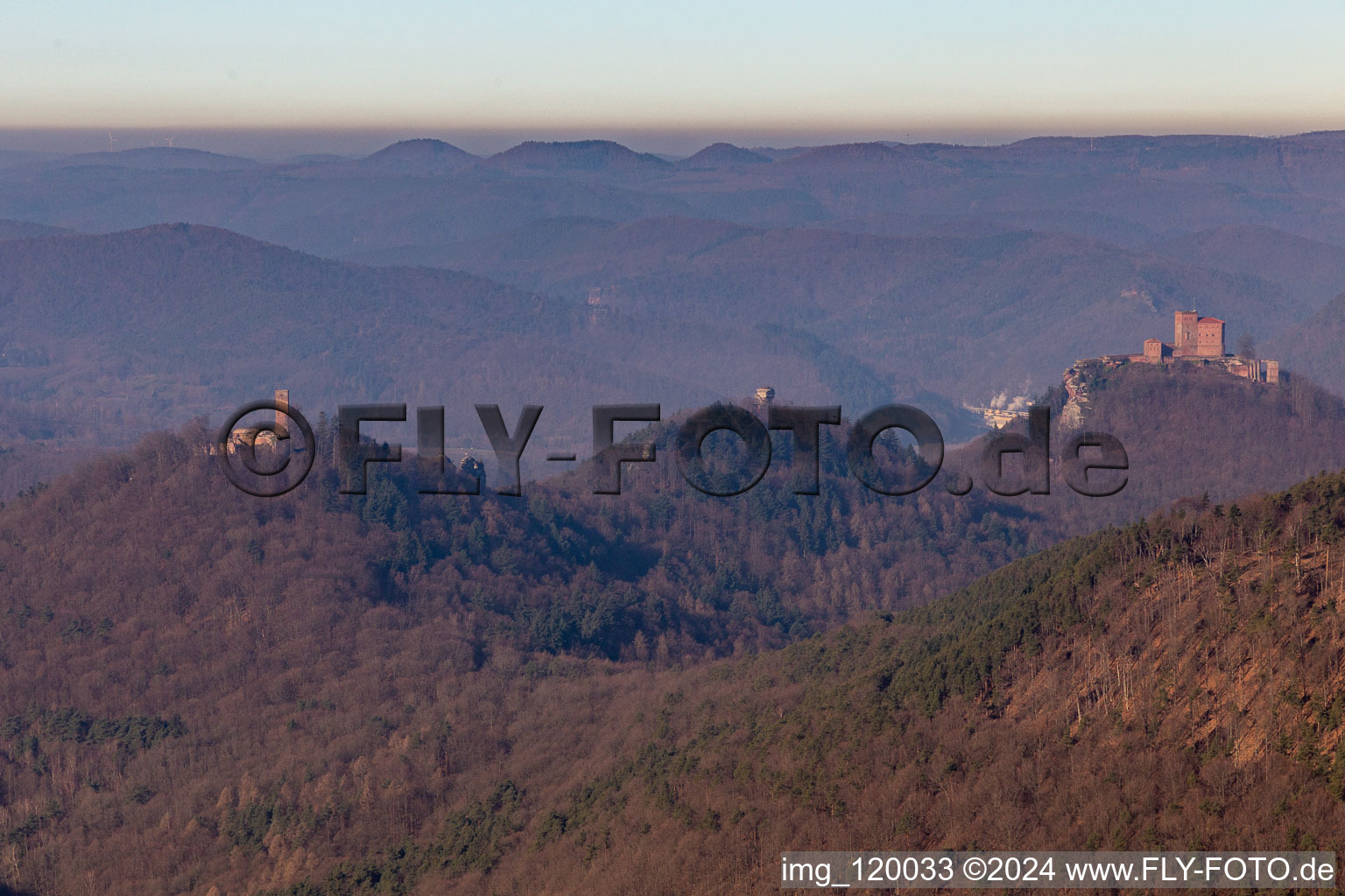 Aerial view of Trifels, Anebos and Scharfenberg in Annweiler am Trifels in the state Rhineland-Palatinate, Germany