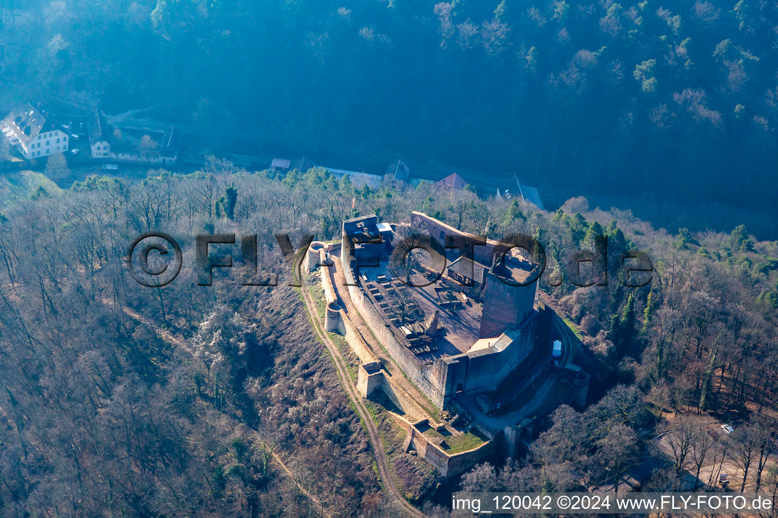 Aerial view of Landeck Castle ruins in Klingenmünster in the state Rhineland-Palatinate, Germany