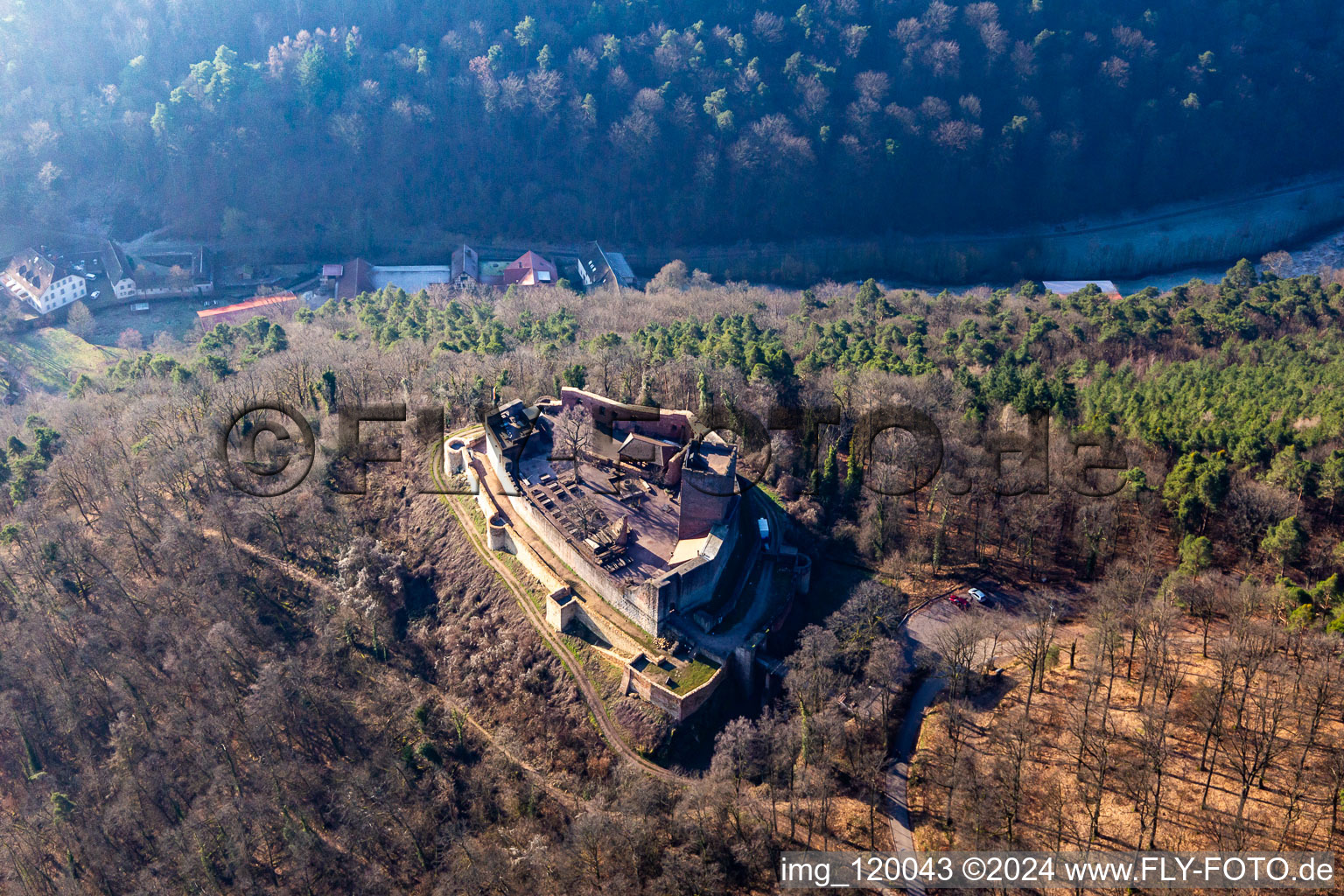 Aerial photograpy of Landeck Castle ruins in Klingenmünster in the state Rhineland-Palatinate, Germany
