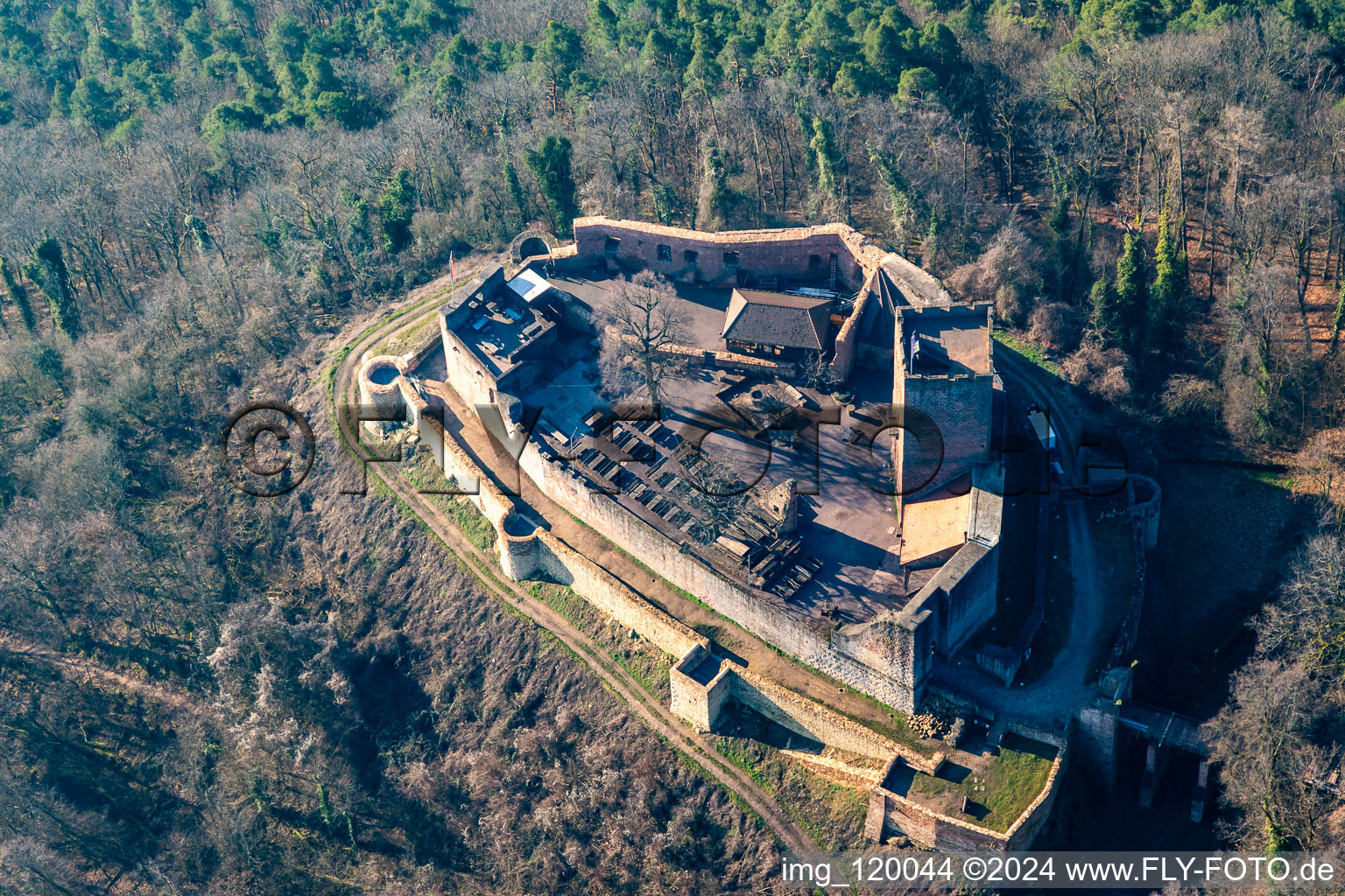 Aerial view of Ruins and vestiges of the former fortress Burg Landeck in Klingenmuenster in the state Rhineland-Palatinate, Germany