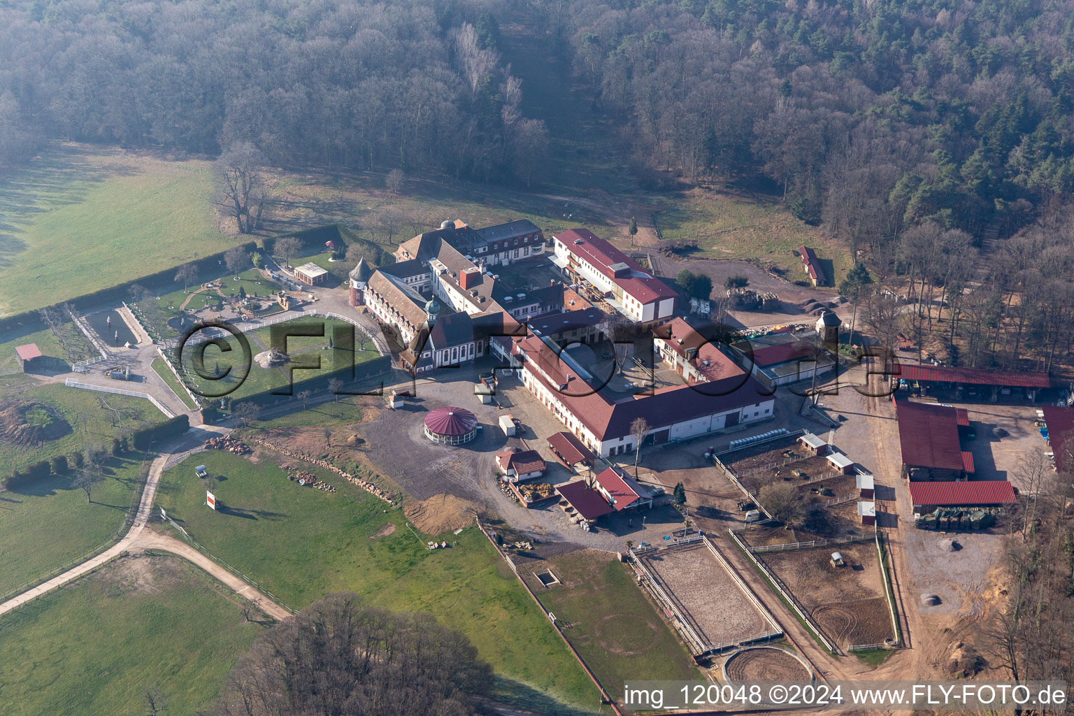 Aerial view of Stall Fried at the Liebfrauenberg Monastery in Bad Bergzabern in the state Rhineland-Palatinate, Germany