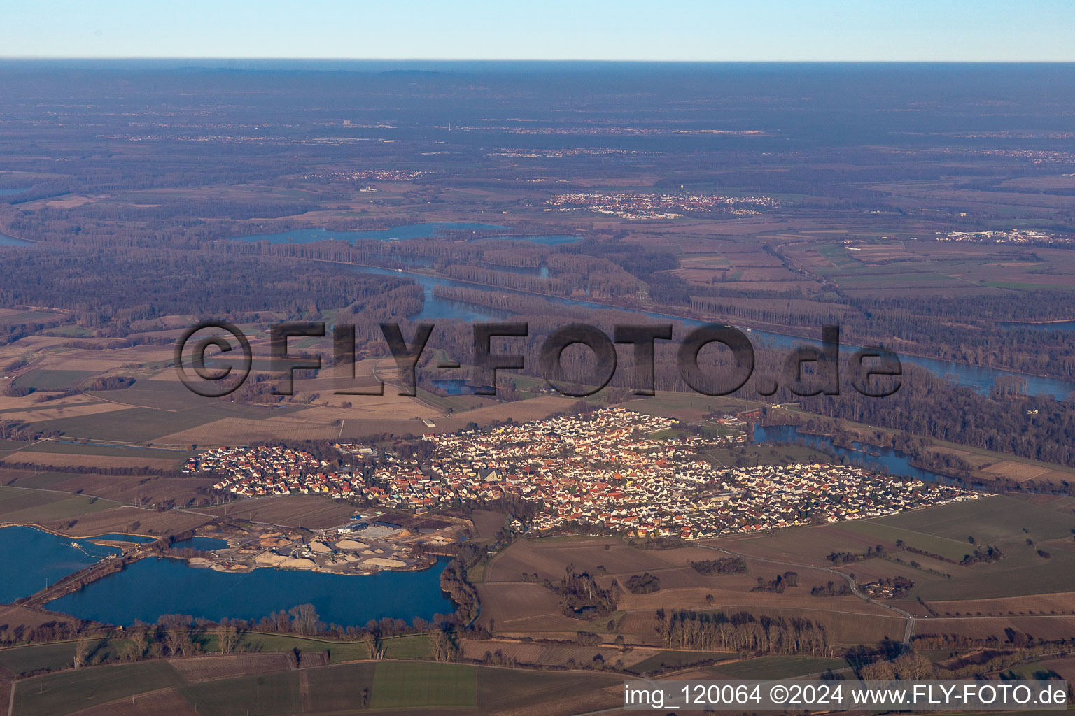 Aerial view of Leimersheim in the state Rhineland-Palatinate, Germany