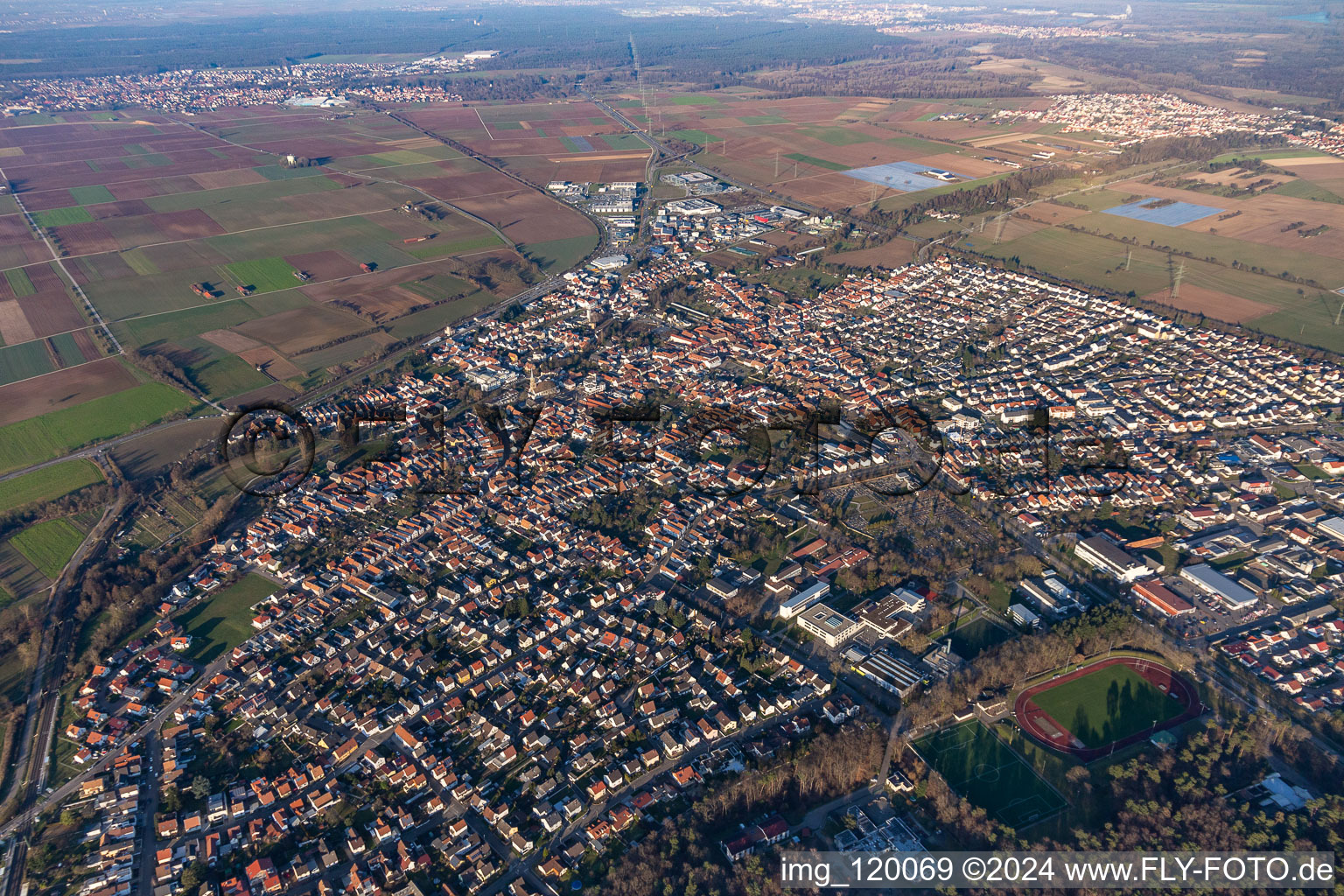 Rülzheim in the state Rhineland-Palatinate, Germany seen from a drone