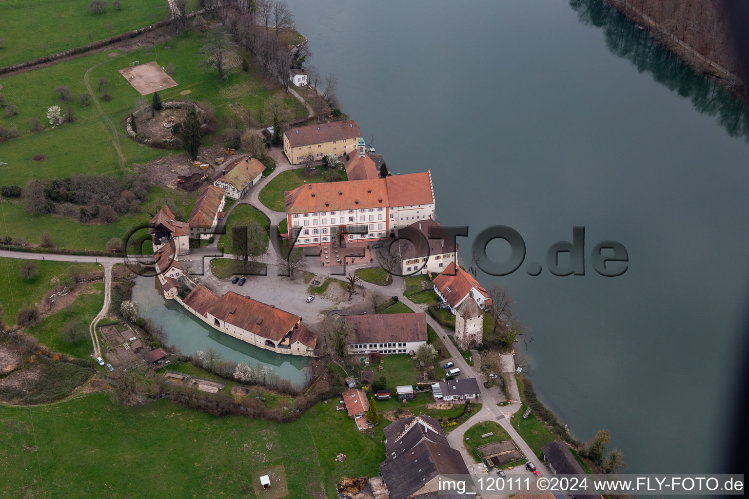 Aerial view of Beuggen Castle Church of St. Michael in Rheinfelden in the state Baden-Wuerttemberg, Germany