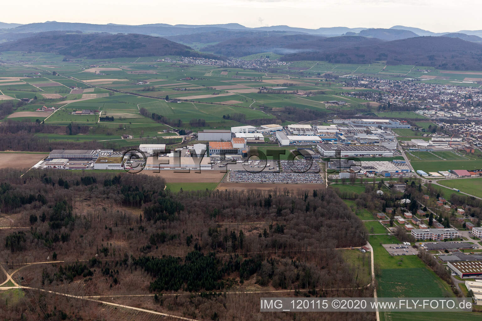 Technical facilities in the industrial area Riburg with Rodi Fructus, Kuehne + Nagel, DPD, Galliker Transport AG and Louis Ditzler AG in Moehlin in the canton Aargau, Switzerland