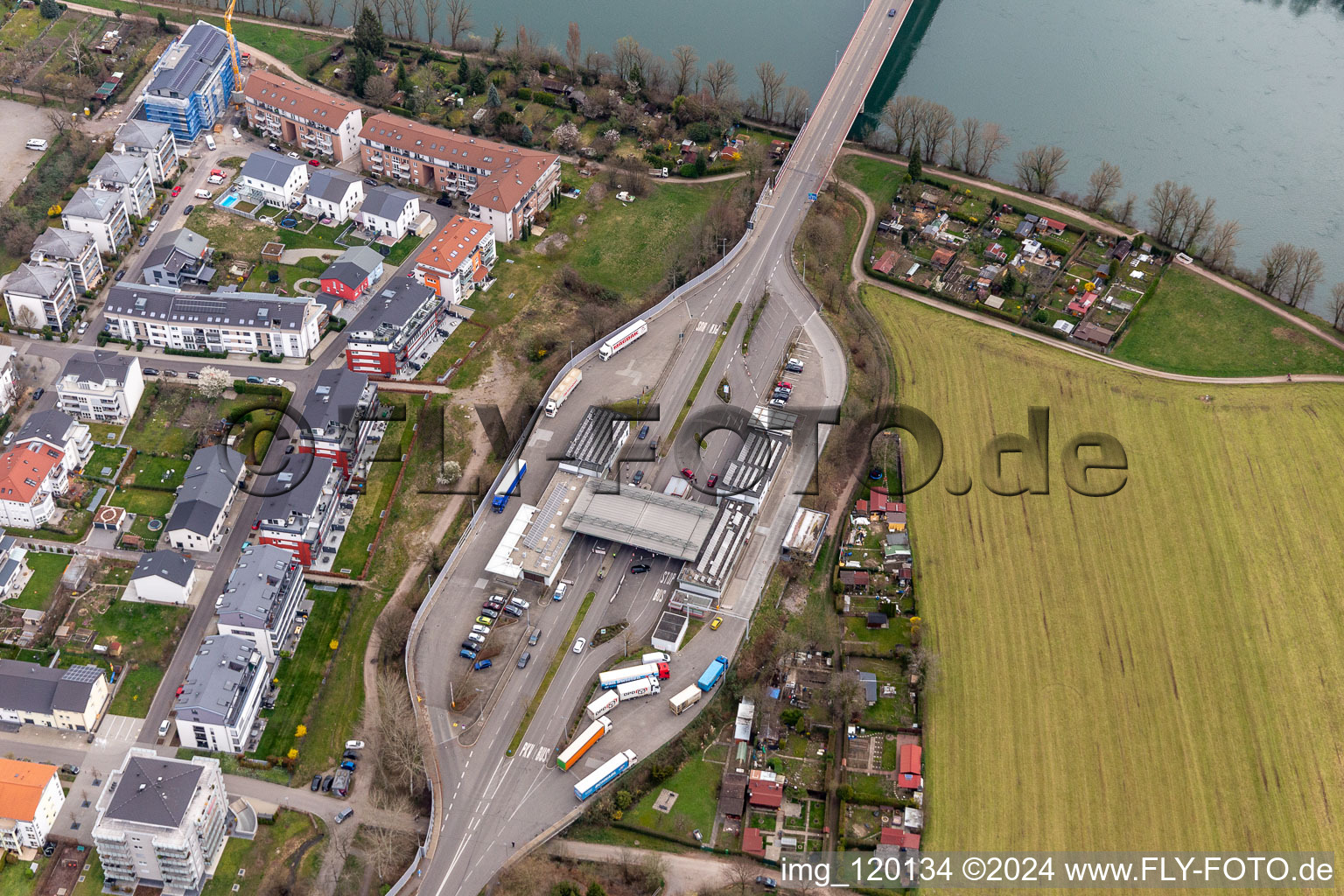 Border crossing - customs facility restricted to cross the Rhine via the Fridolinsbruecke to Stein in Switzerland in Bad Saeckingen in the state of Baden-Wuerttemberg, Germany