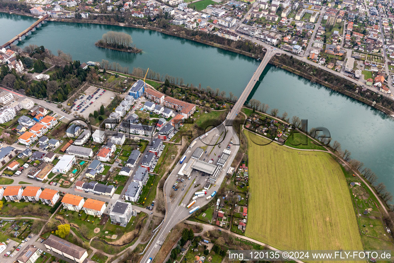 Aerial view of Border crossing - customs facility restricted to cross the Rhine via the Fridolinsbruecke to Stein in Switzerland in Bad Saeckingen in the state of Baden-Wuerttemberg, Germany