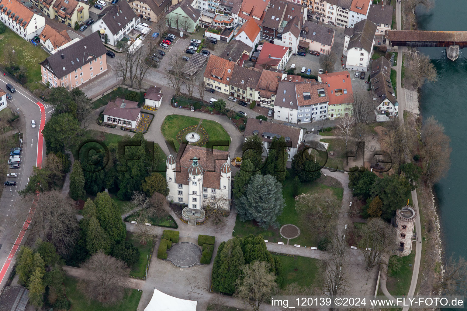 Building complex in the park of the castle Schoenau with Thieves Tower and Orangery in Bad Saeckingen in the state Baden-Wuerttemberg, Germany