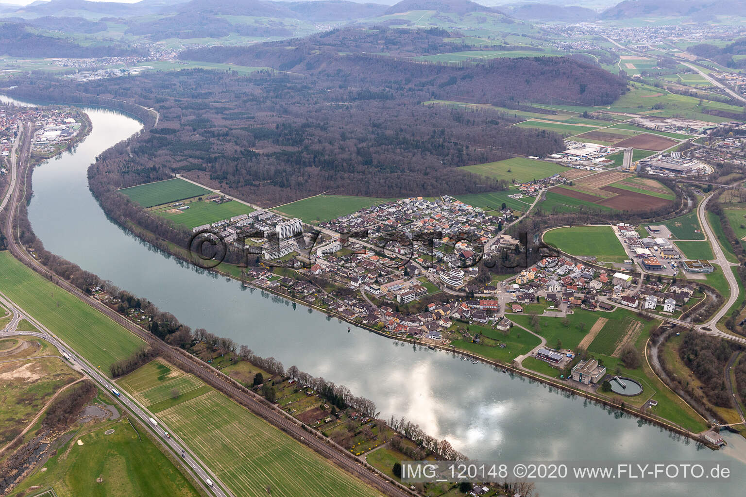Town on the banks of the river of Hochrhein in Sisseln in the canton Aargau, Switzerland