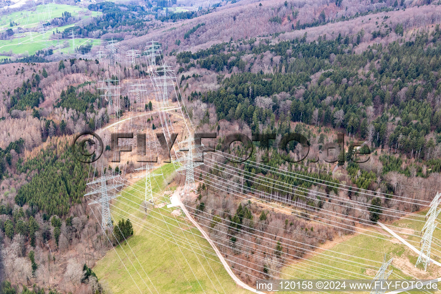 High-voltage line route in the district Bergalingen in Rickenbach in the state Baden-Wuerttemberg, Germany