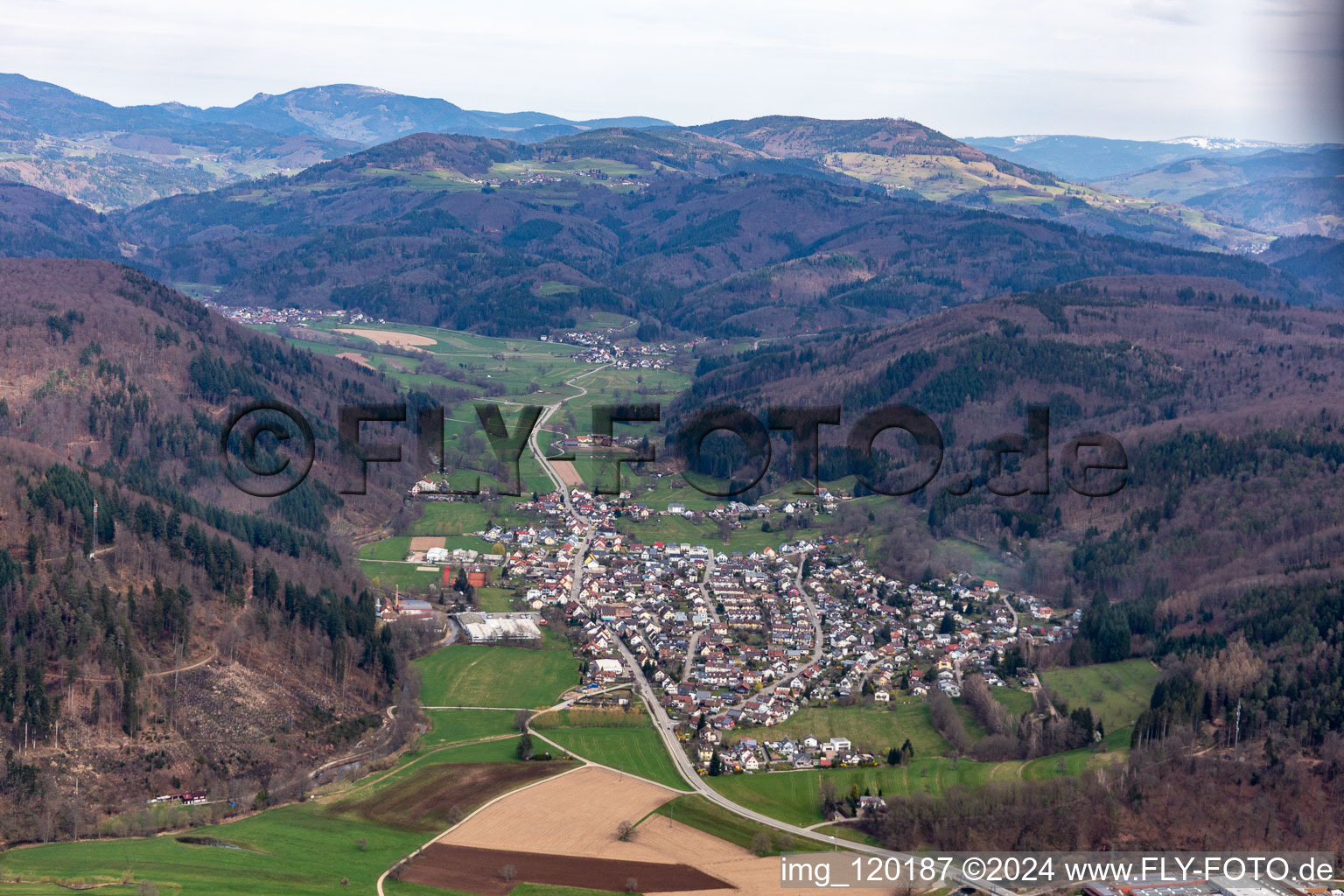 Aerial view of District Langenau in Schopfheim in the state Baden-Wuerttemberg, Germany