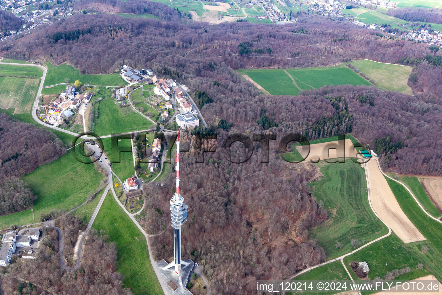 Aerial view of St. Chrischona TV Tower in Bettingen in the state Basel city, Switzerland