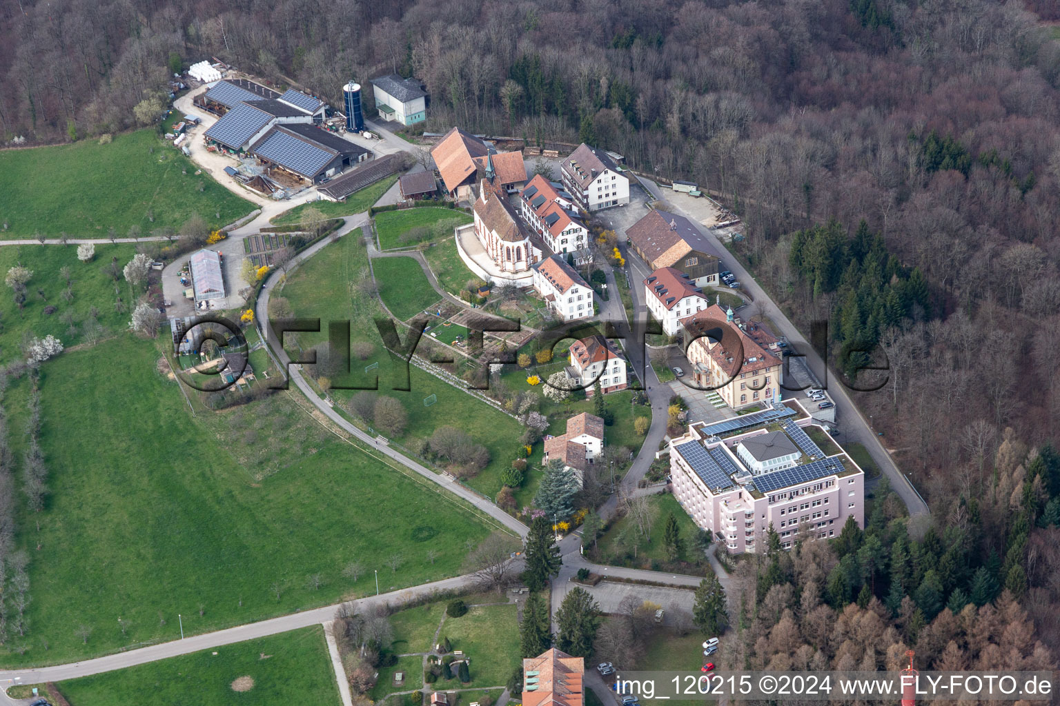 Aerial view of Building of the Chrischona-Campus and Diakonissen Mutterhaus in Bettingen in the canton Basel, Switzerland