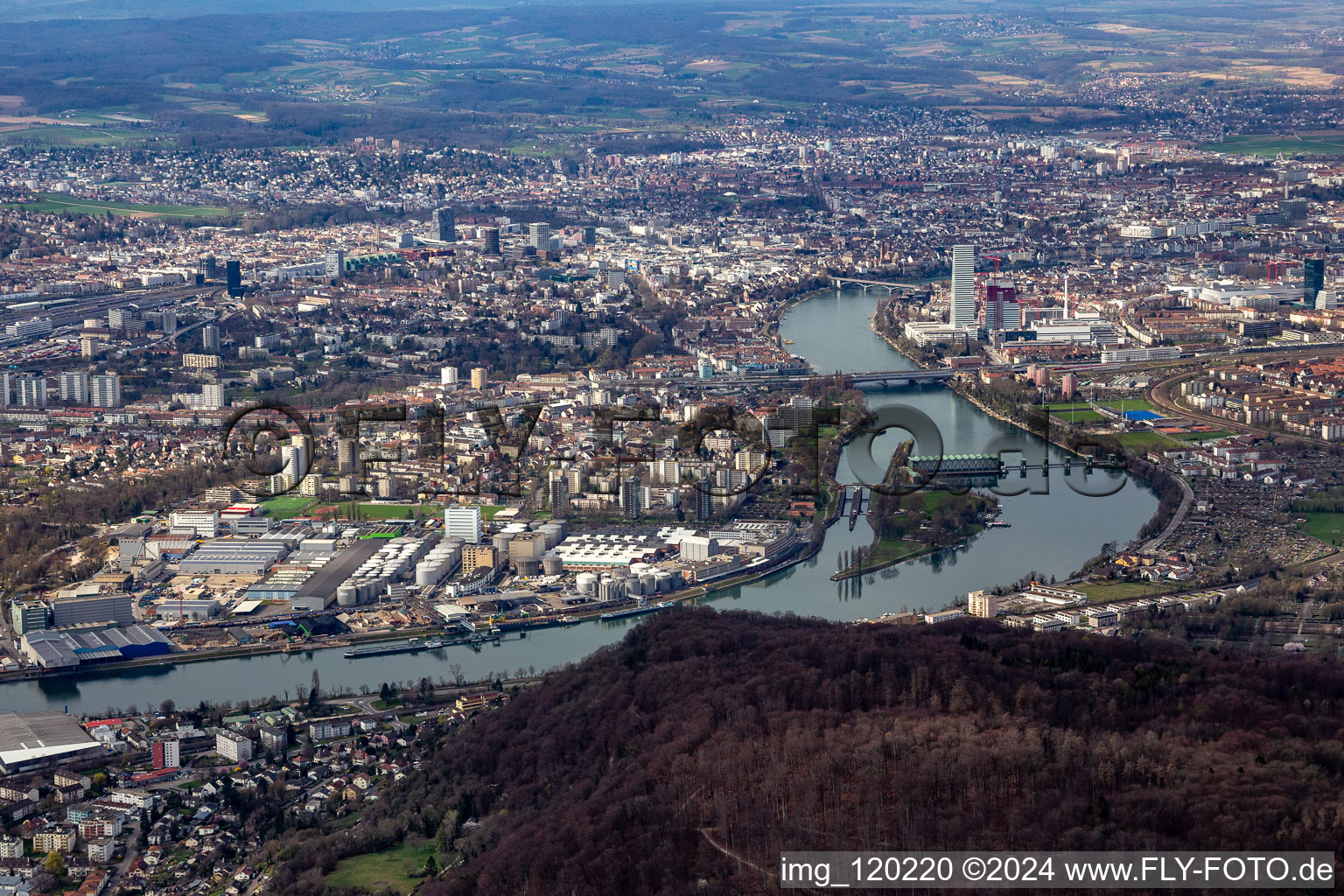 City view on the river bank of the Rhine river in Birsfelden and Basel in the canton Basel-Landschaft, Switzerland