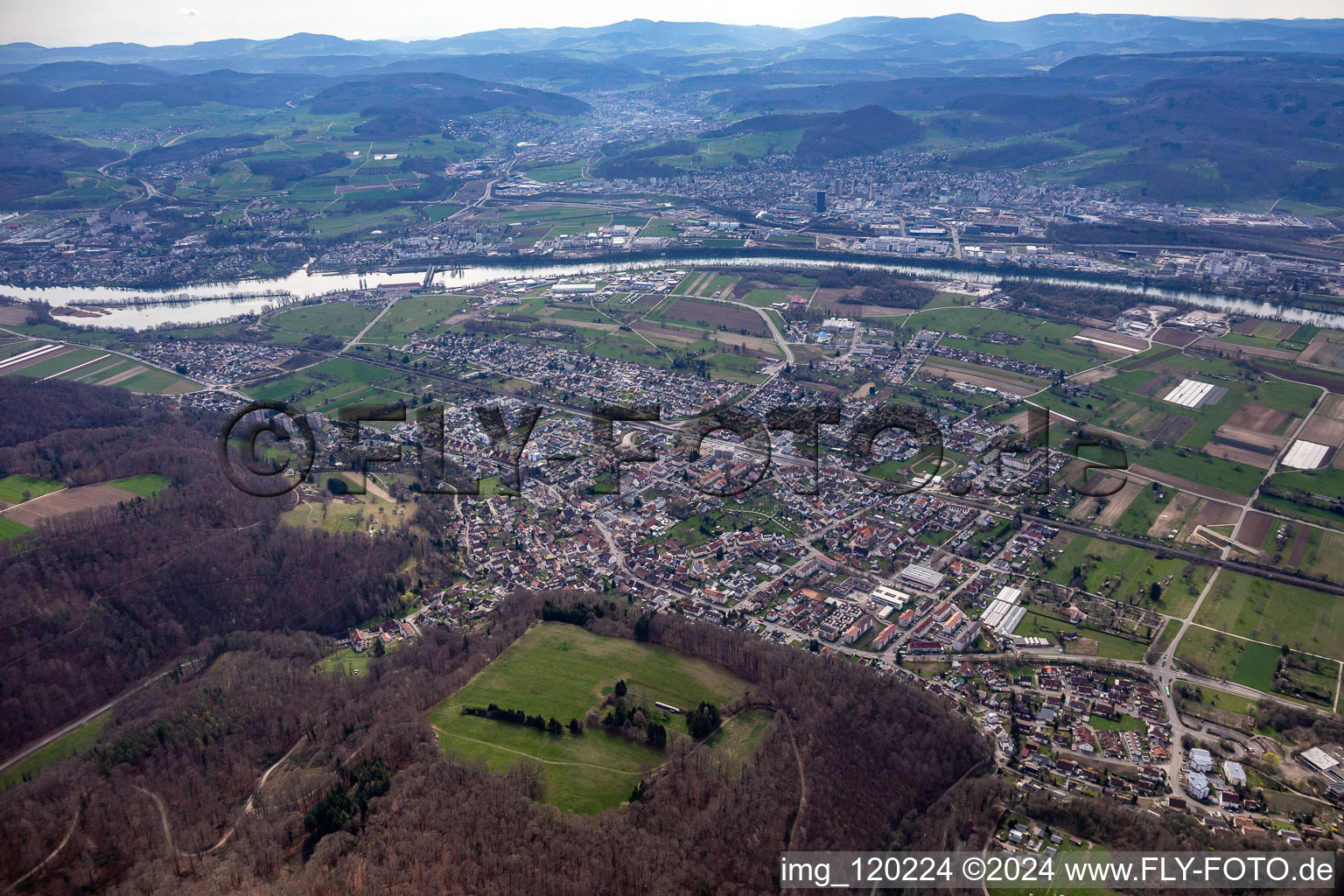 Town on the banks of the river of the High Rhine in Wyhlen in the state Baden-Wuerttemberg, Germany