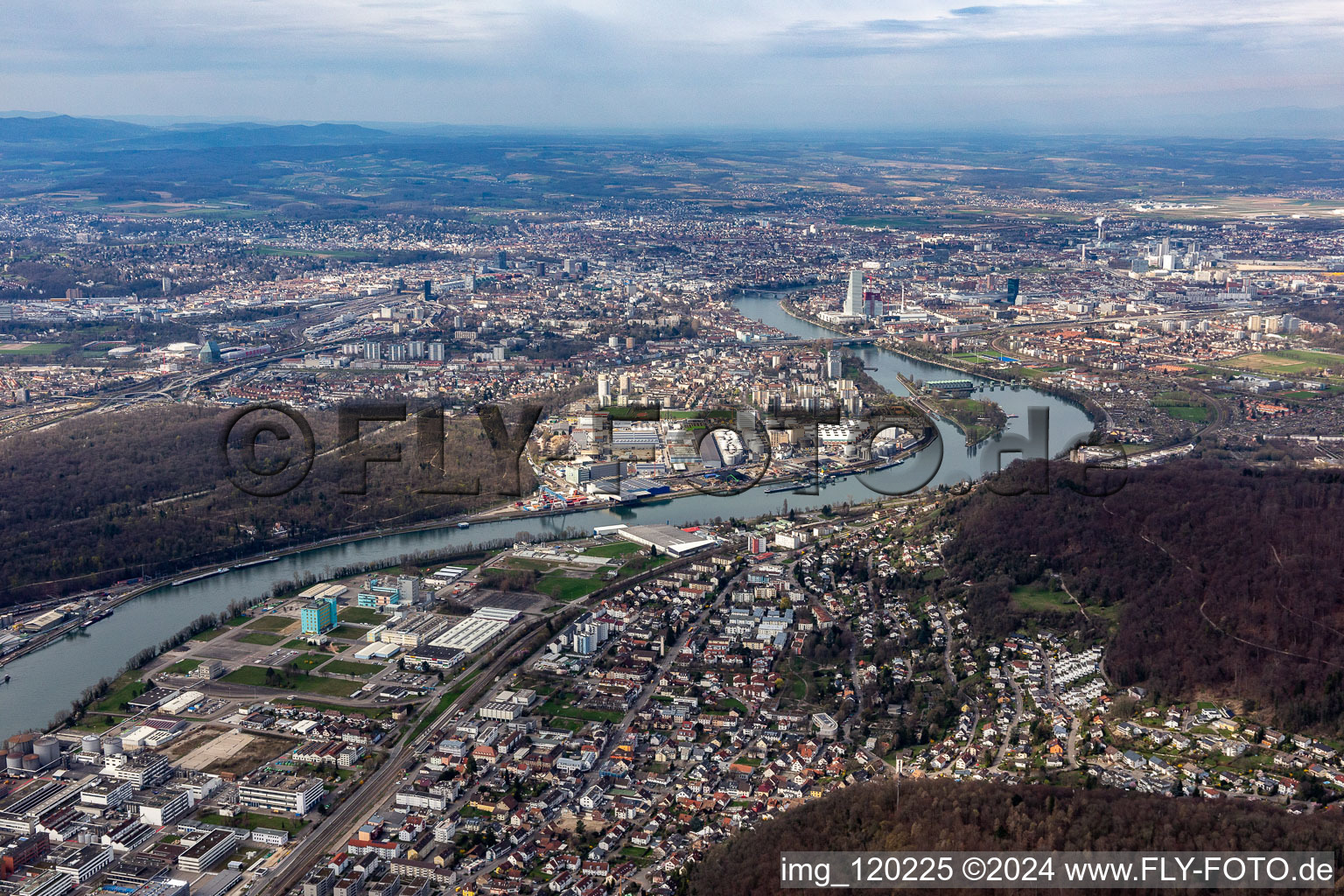 Aerial view of City view on the river bank of the Rhine river in Birsfelden and Basel in the canton Basel-Landschaft, Switzerland