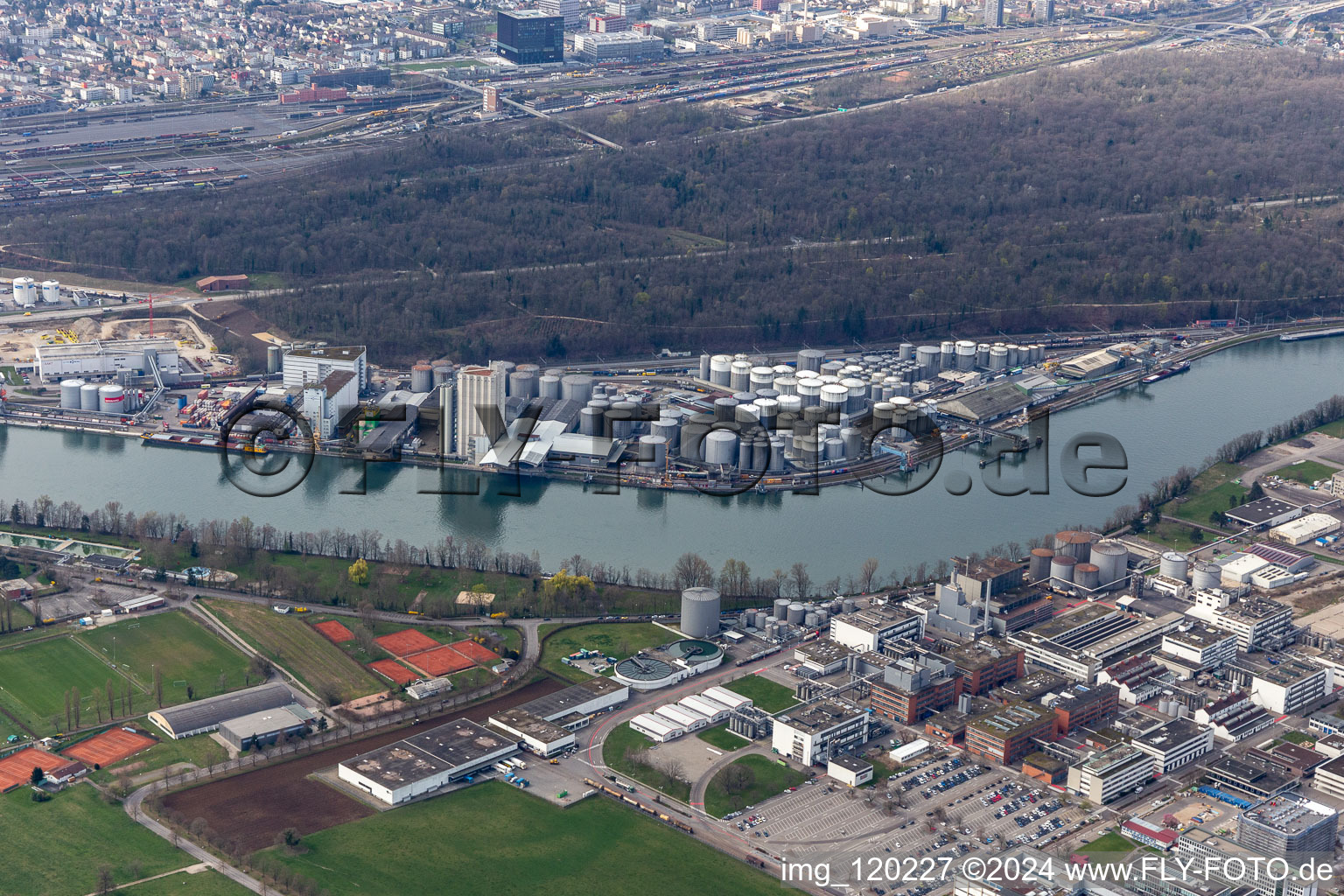 The tank farm in the Auhafen in Muttenz, Switzerland. The Rhine harbor is turnover for industry and petroleum products