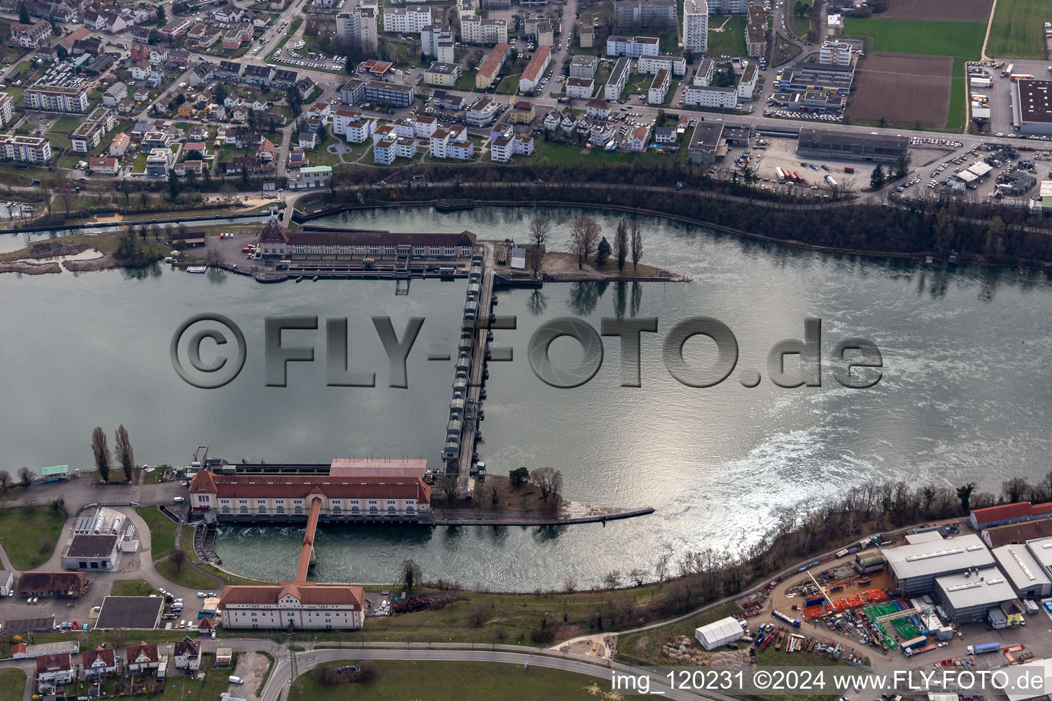 Structure, buildings and dams of the hydroelectric power plant Augst - Wyhlen at the Upper Rhine in Grenzach-Wyhlen in the state Baden-Wurttemberg, Germany