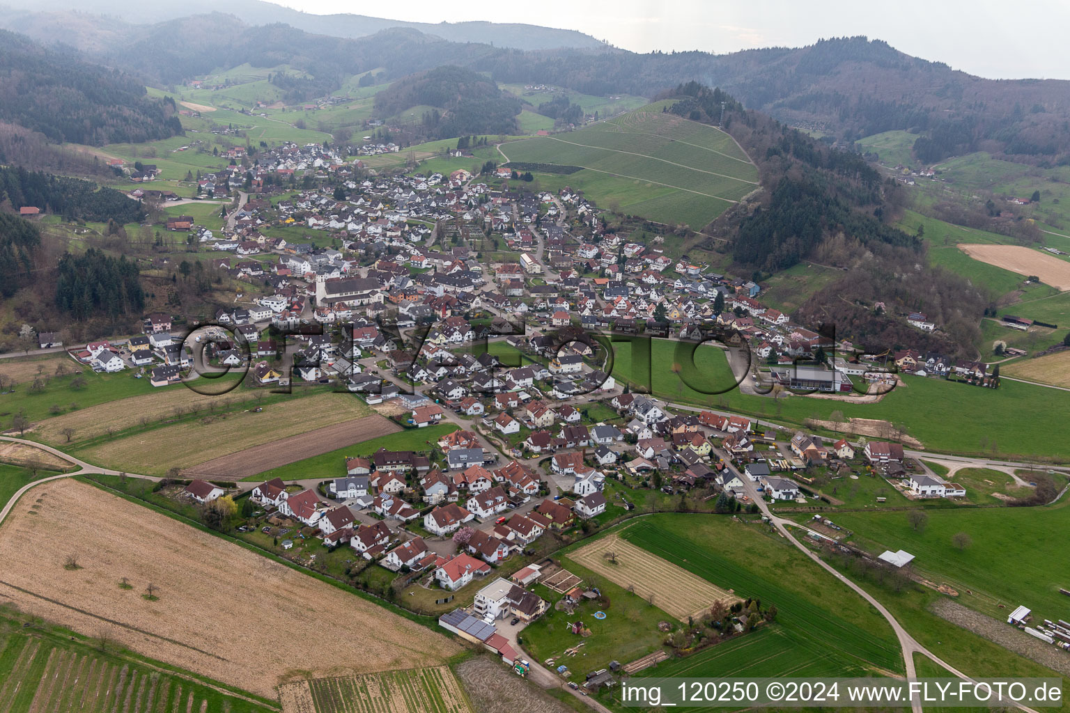 Oblique view of Berghaupten in the state Baden-Wuerttemberg, Germany