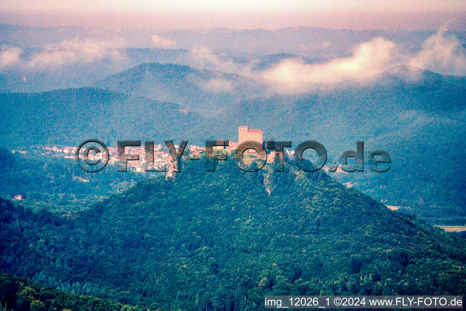 Trifels Castle from the west in the district Bindersbach in Annweiler am Trifels in the state Rhineland-Palatinate, Germany