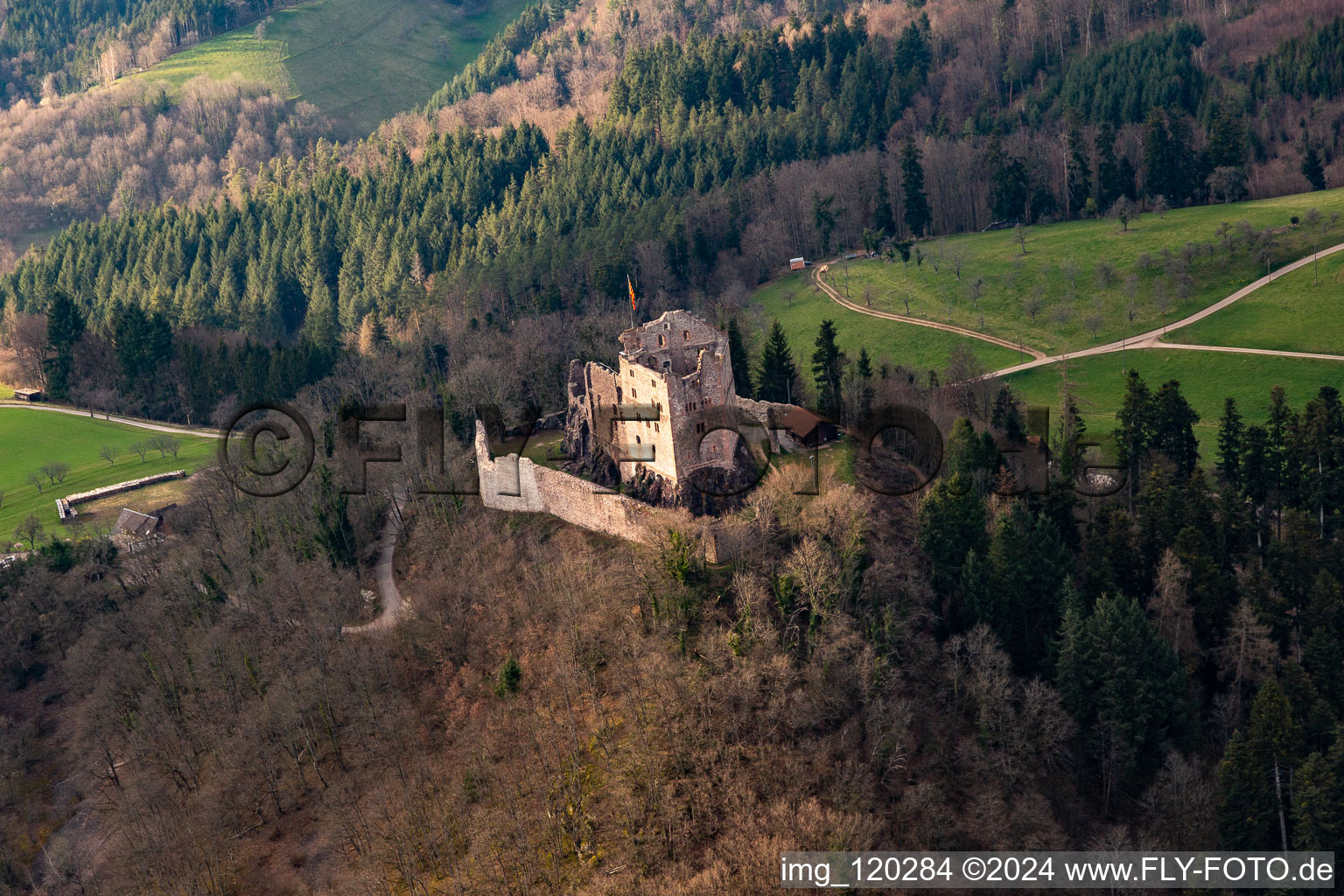 Aerial view of Ruins and vestiges of the former castle and fortress Burg Hohengeroldseck on Schlossberg in Seelbach in the state Baden-Wurttemberg