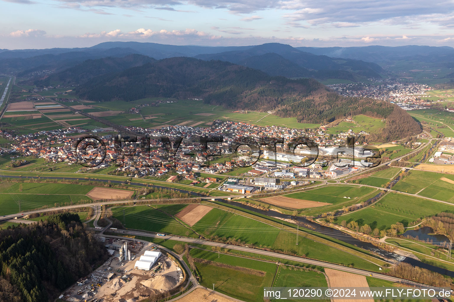 Aerial view of Town on the banks of the river of the Kinzig river in Biberach in the state Baden-Wuerttemberg, Germany