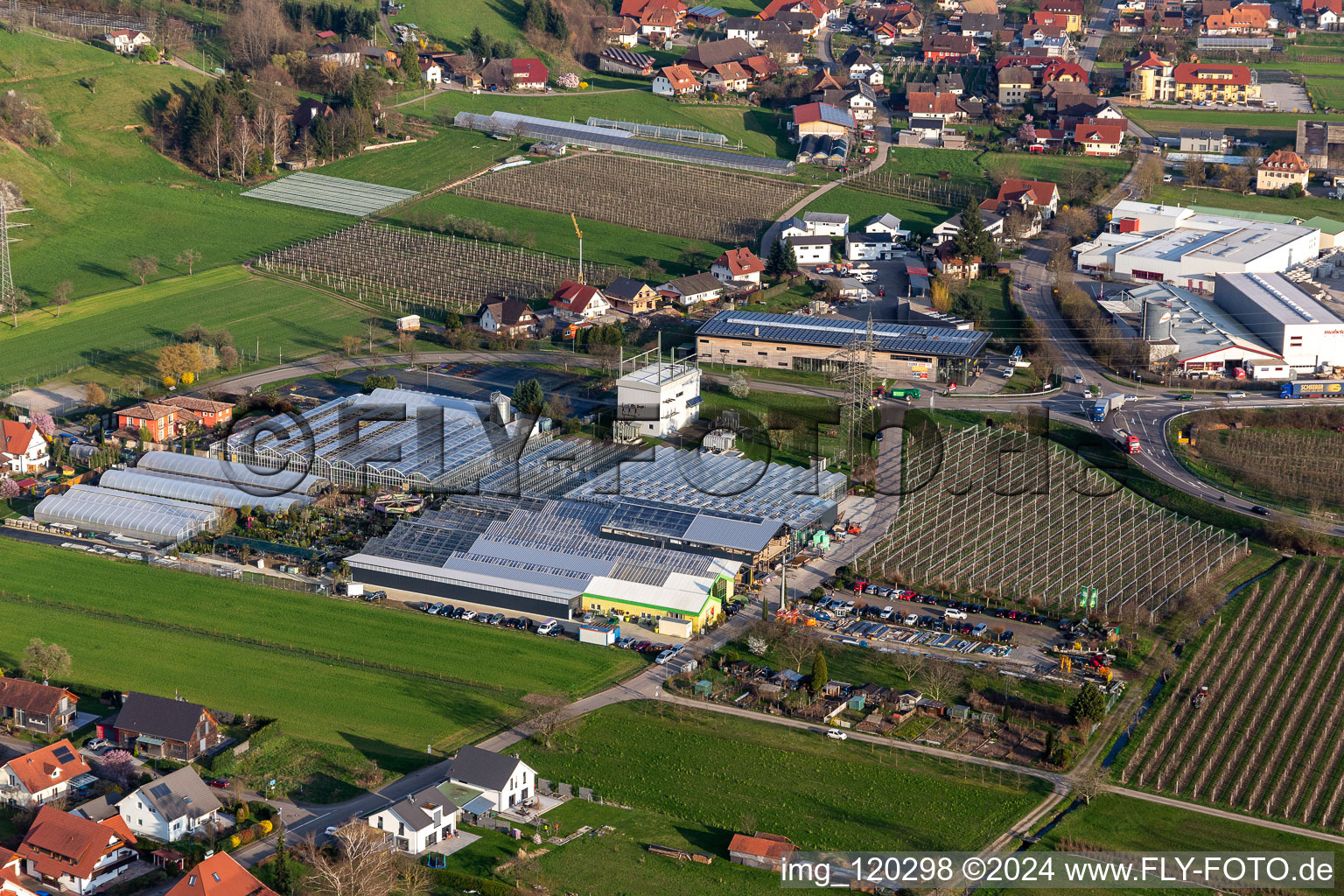 Glass roof surfaces in the greenhouse rows for Floriculture in the district Bollenbach in Haslach im Kinzigtal in the state Baden-Wuerttemberg, Germany