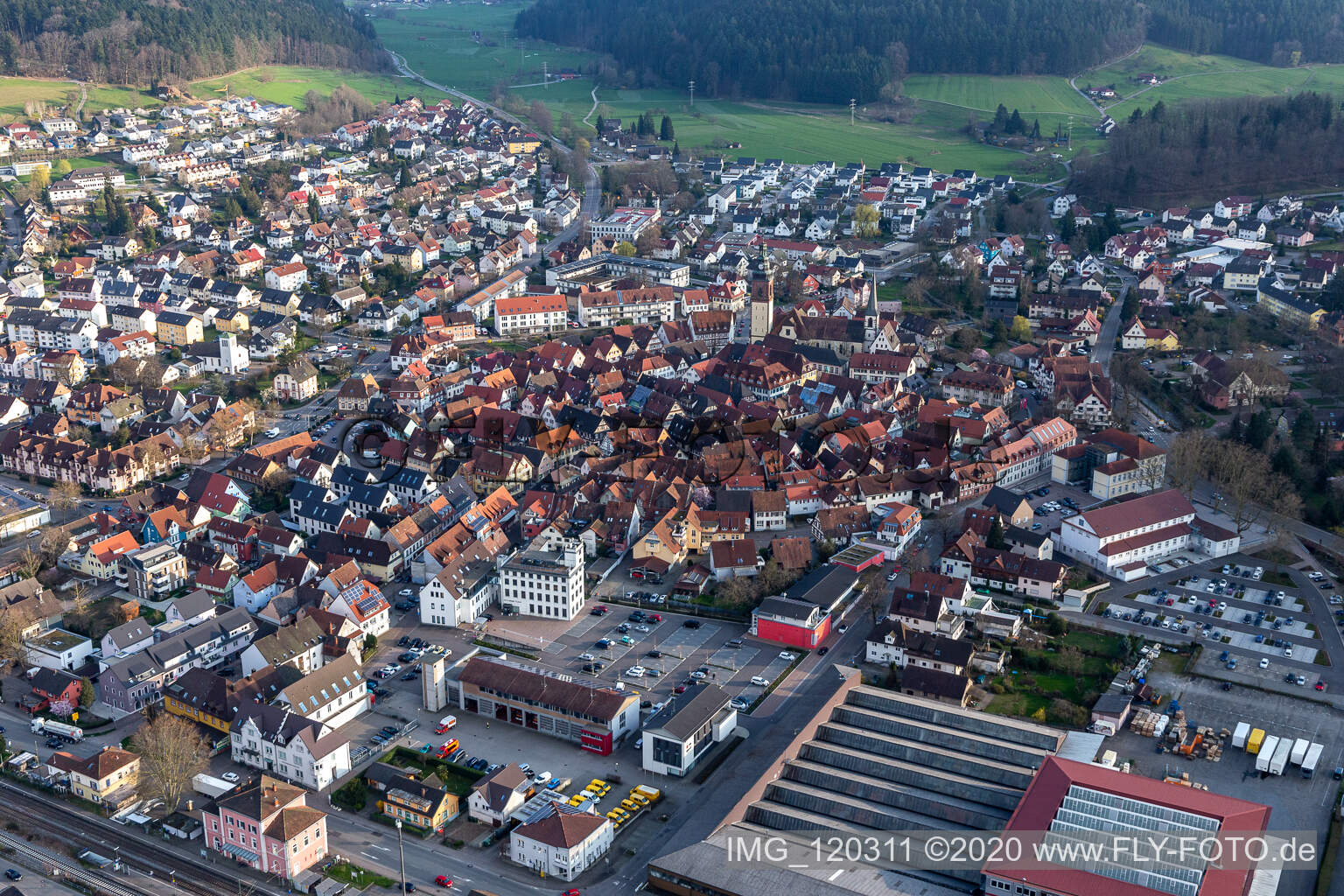 Oblique view of Haslach im Kinzigtal in the state Baden-Wuerttemberg, Germany