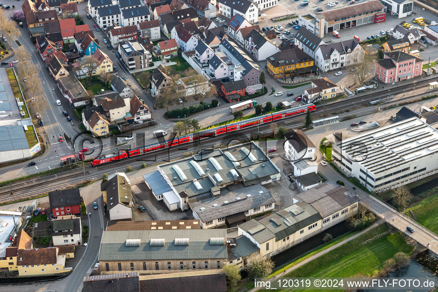 Industrial estate and company settlement Am Gewerbekanal and railway station in Haslach im Kinzigtal in the state Baden-Wuerttemberg, Germany