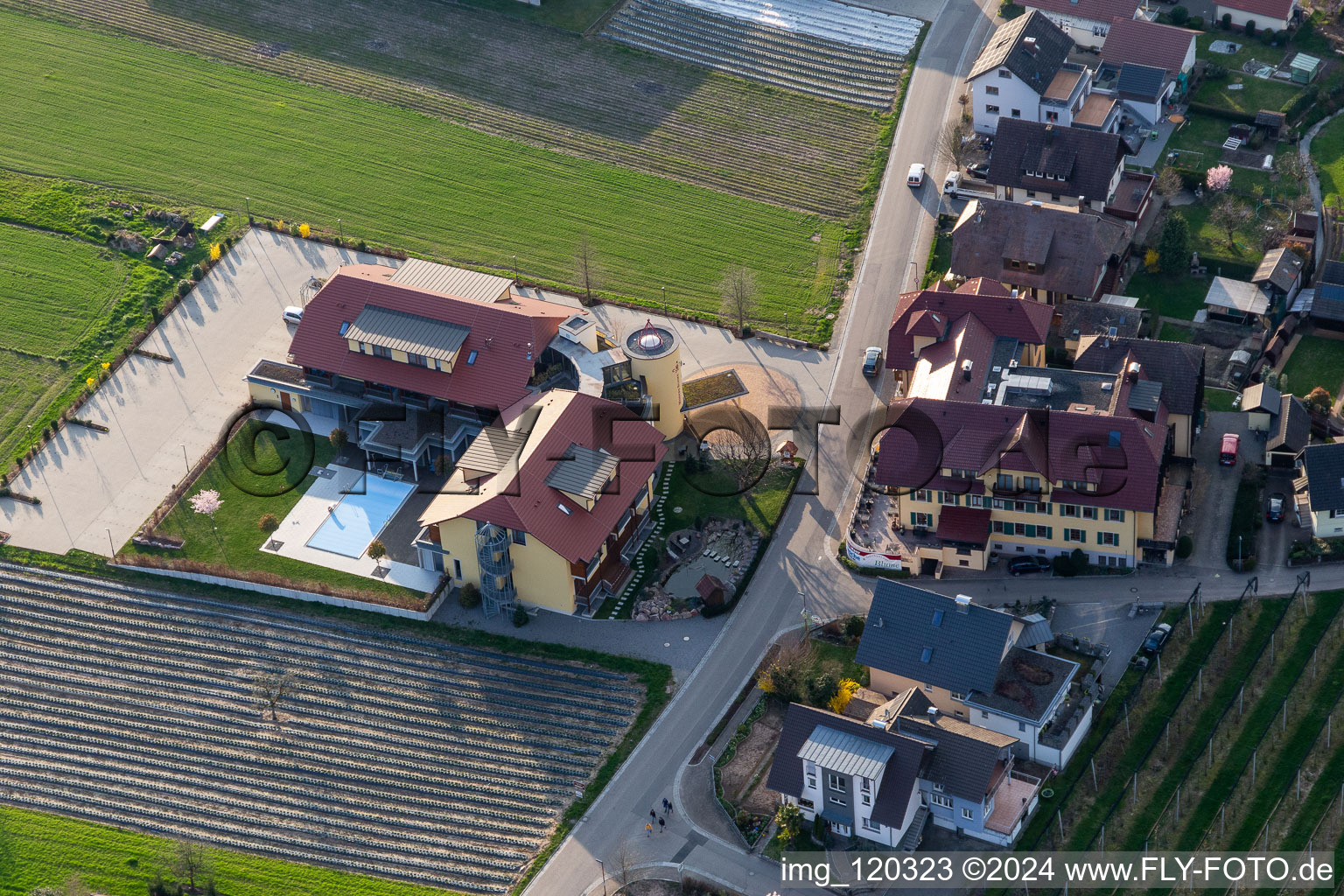 Oblique view of Complex of the hotel building Hotel Gasthaus Mosers Blume in the district Bollenbach in Haslach im Kinzigtal in the state Baden-Wuerttemberg, Germany