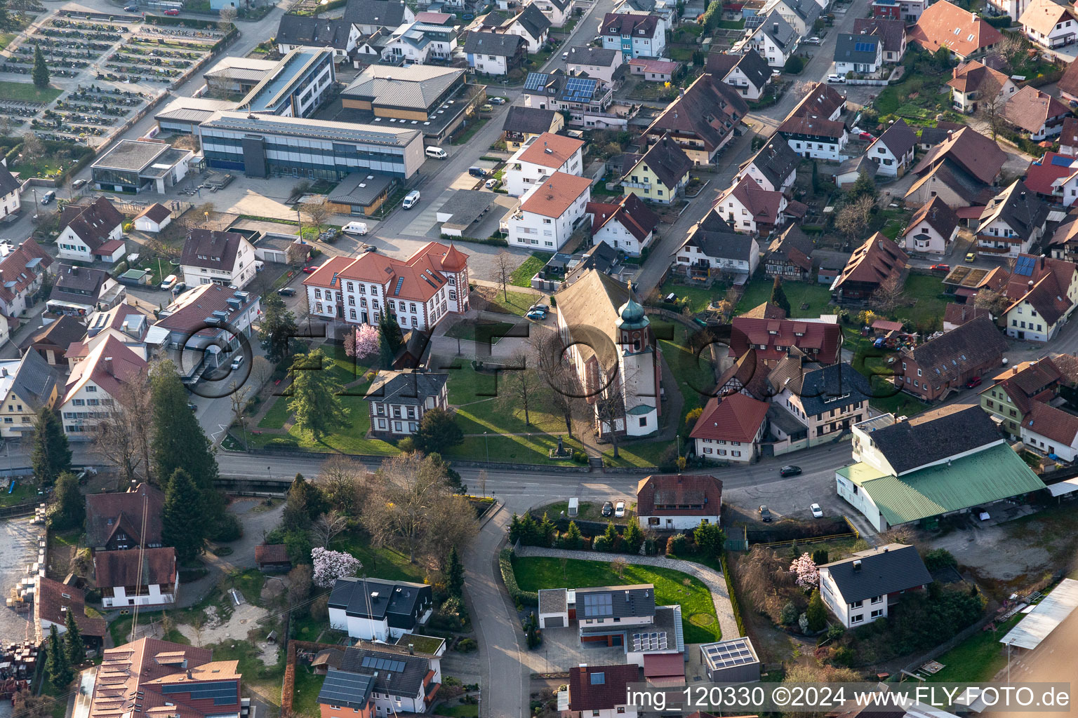 Aerial view of Parish Church of the Holy Cross in Steinach in the state Baden-Wuerttemberg, Germany