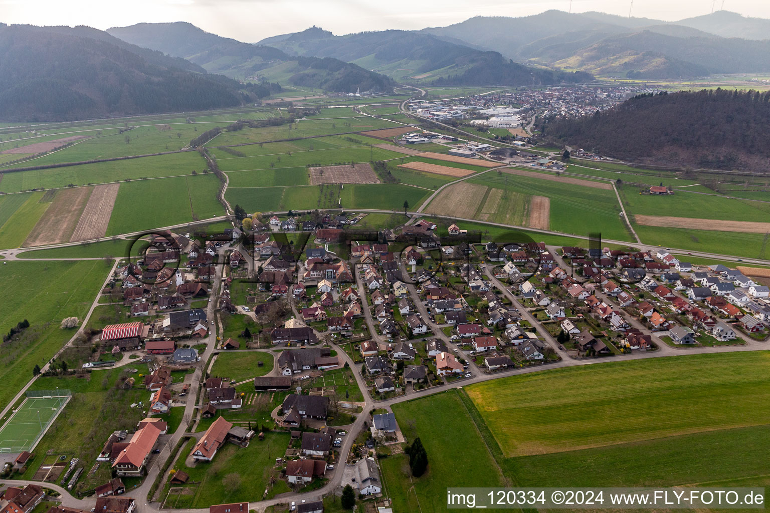 Aerial view of District Unterentersbach in Zell am Harmersbach in the state Baden-Wuerttemberg, Germany