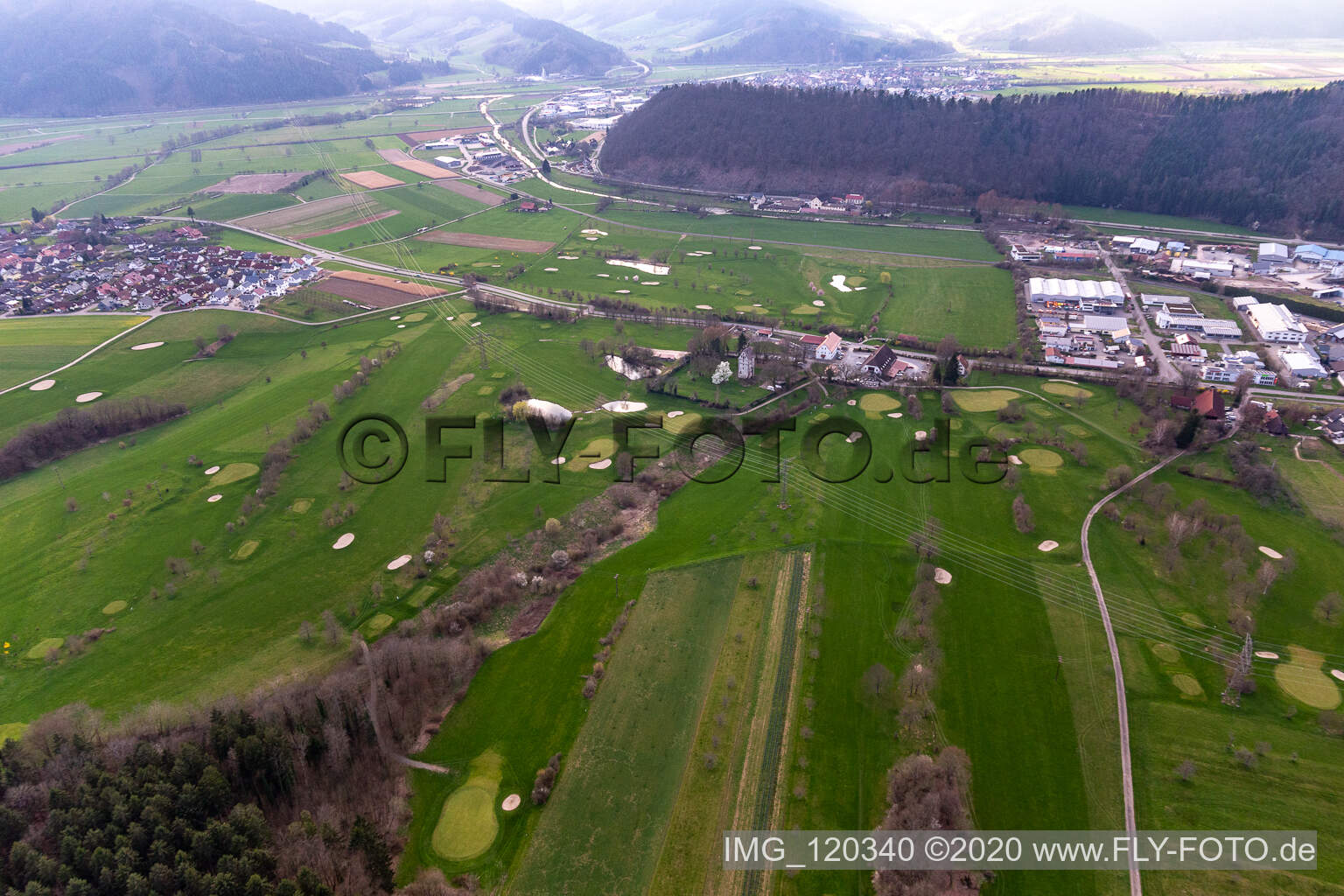 Aerial view of Grounds of the Golf course at of Golfclub Groebernhof e.V. in Zell am Harmersbach in the state Baden-Wuerttemberg, Germany