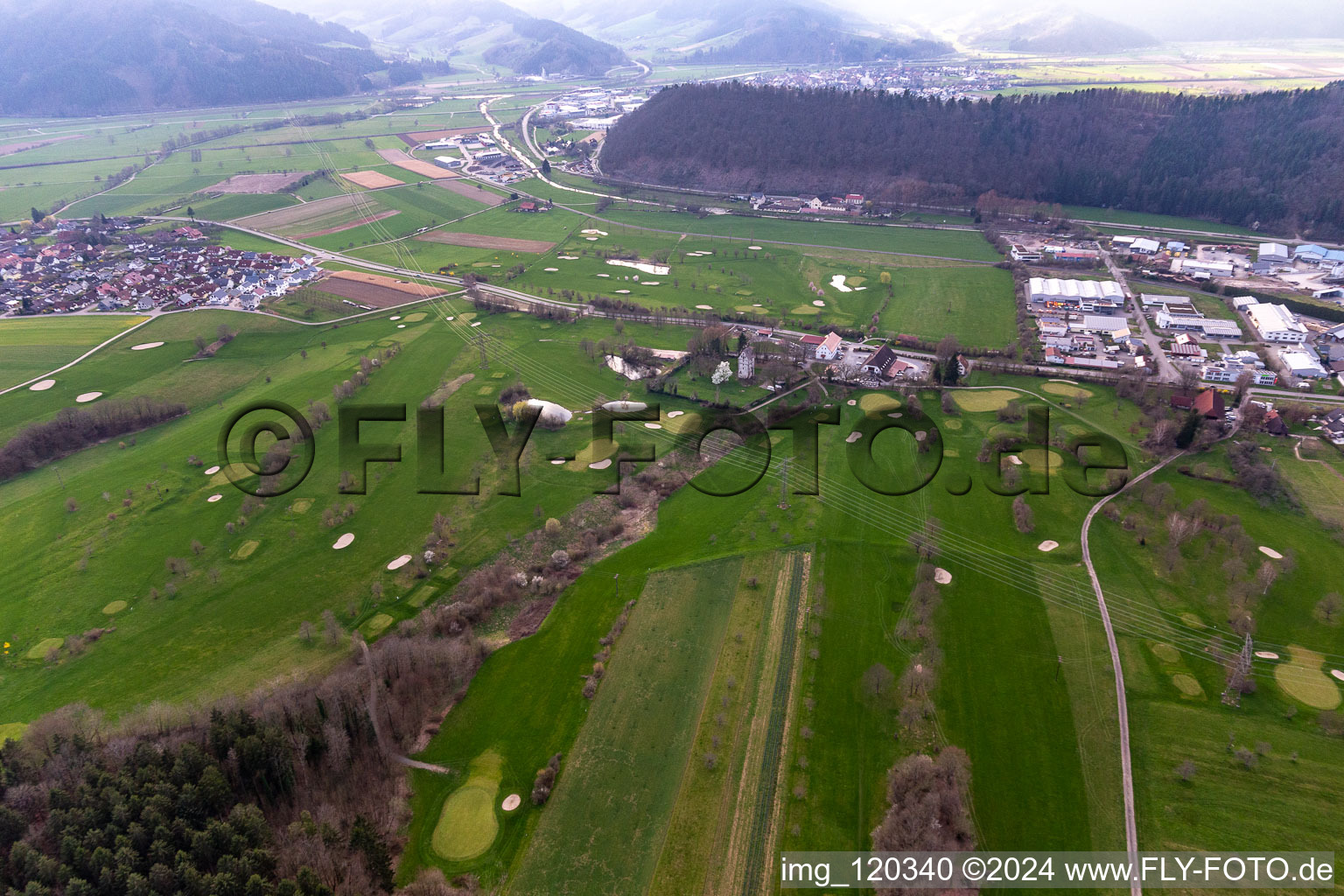 Aerial view of Grounds of the Golf course at of Golfclub Groebernhof e.V. in Zell am Harmersbach in the state Baden-Wuerttemberg, Germany