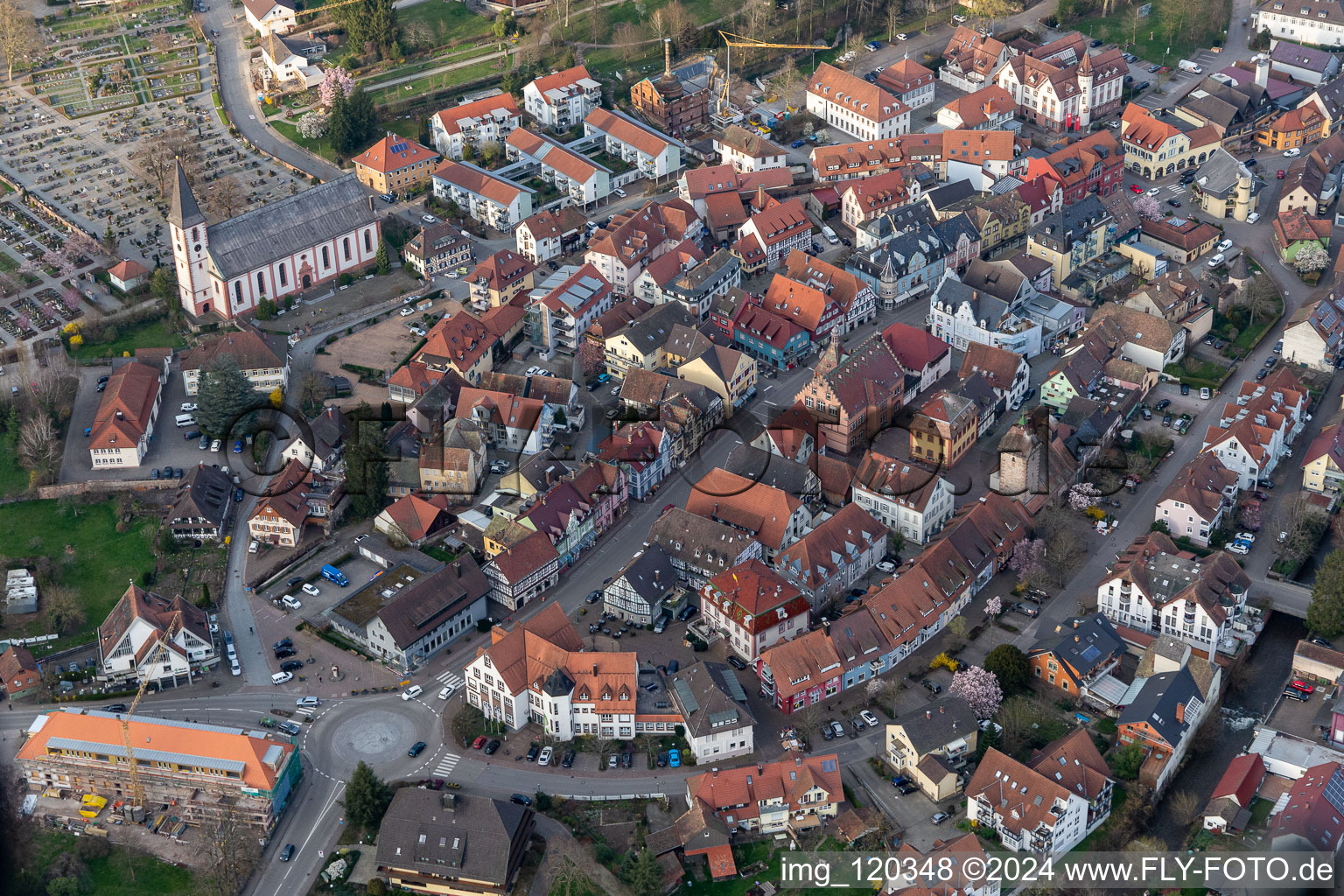 Aerial photograpy of Old Town area and city center in Zell am Harmersbach in the state Baden-Wuerttemberg, Germany