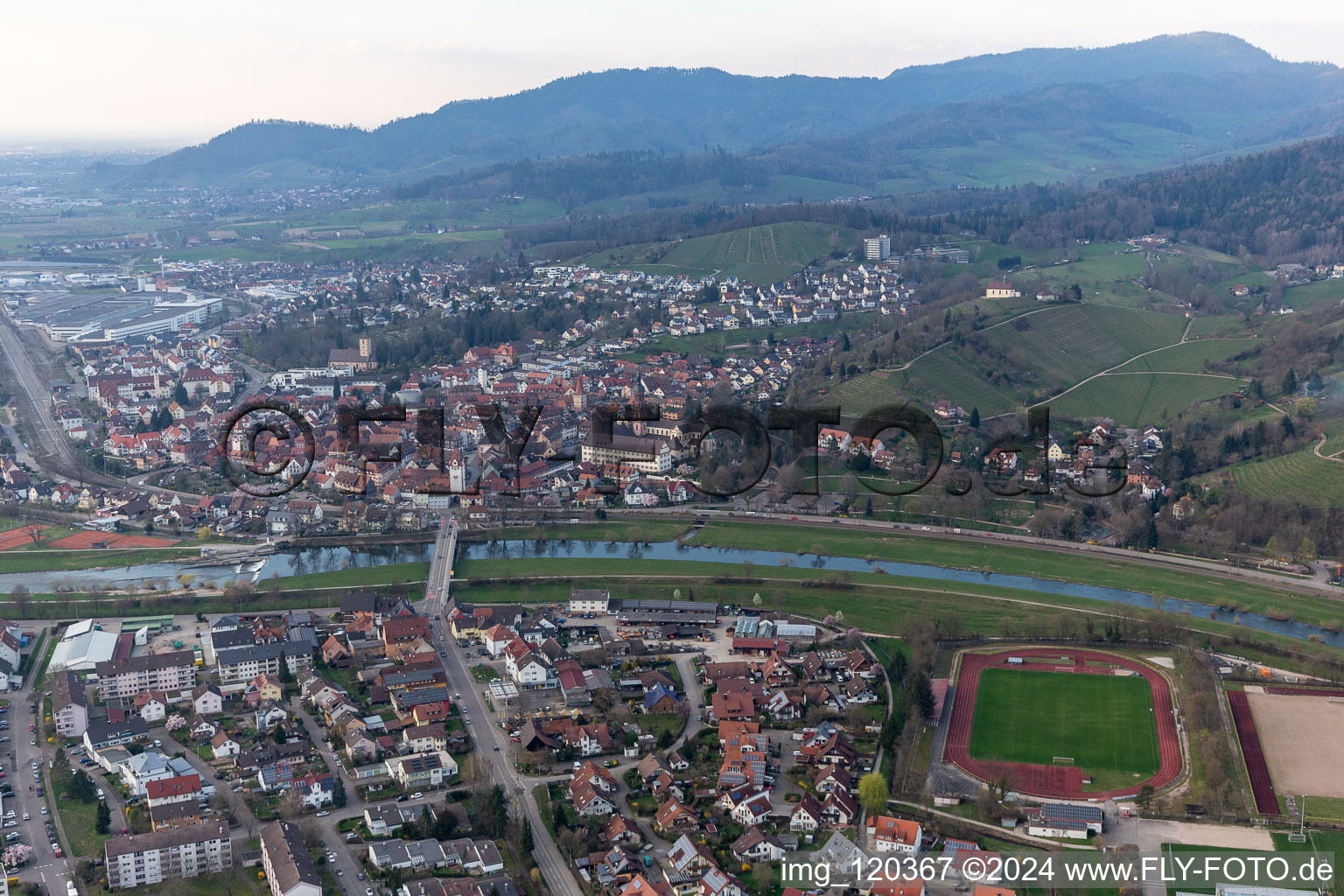 Town on the banks of the river of the Kinzig river in Gengenbach in the state Baden-Wuerttemberg, Germany