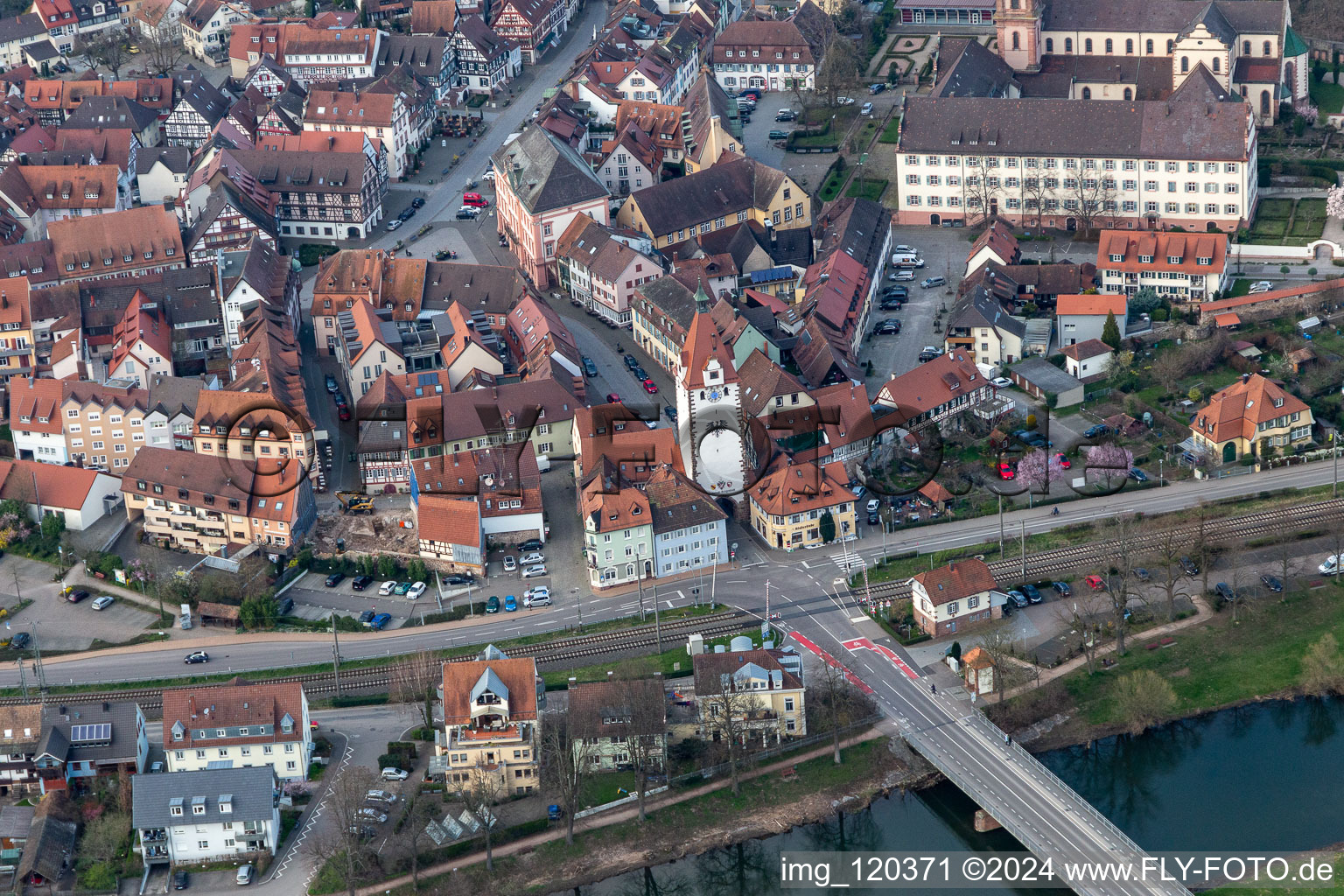 Aerial view of Tower building Kinzigtorturm the rest of the former historic city walls in Gengenbach in the state Baden-Wuerttemberg, Germany