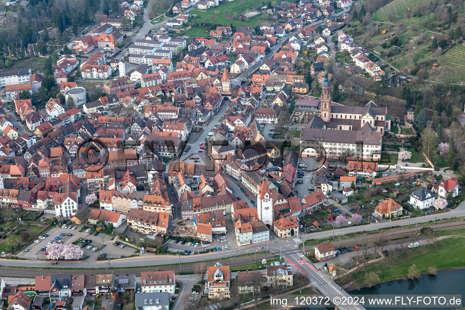 Aerial view of Town on the banks of the river of the Kinzig river in Gengenbach in the state Baden-Wuerttemberg, Germany